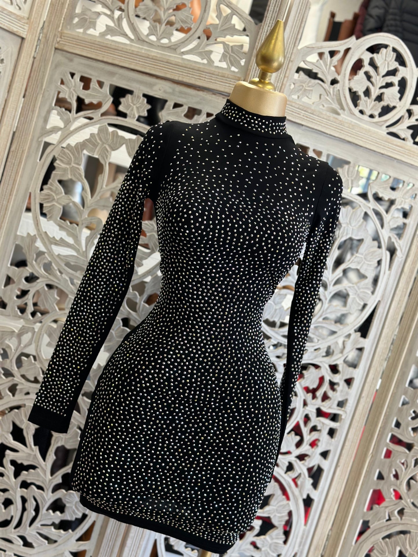 Black Rhinestone Mock Neck Mini Dress