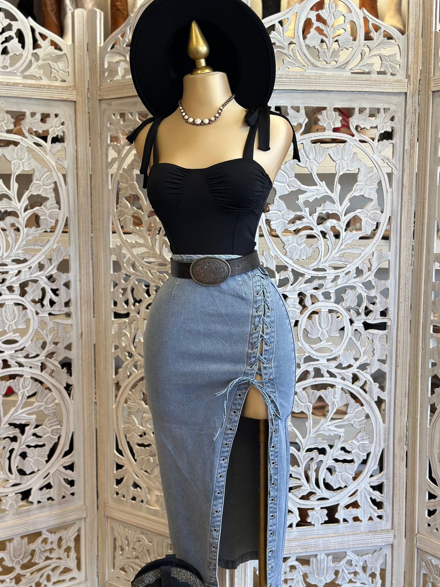 High Tie Up Slit Denim Midi Skirt- Stretchy