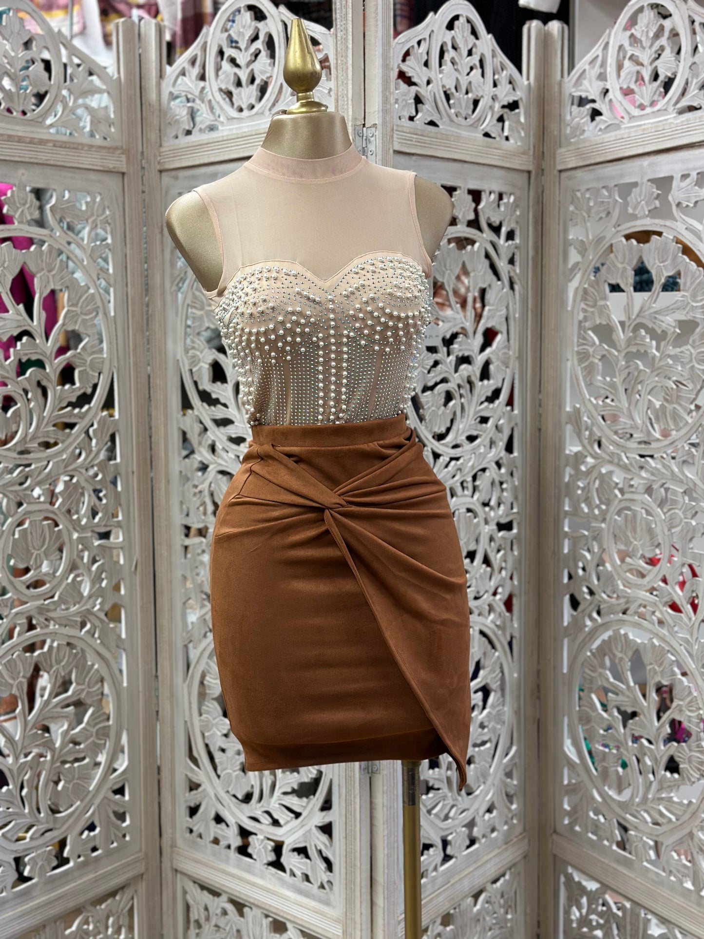 Brown Suede Knotted Skirt