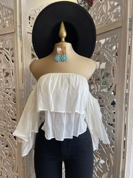 White Ruffled Long Sleeve Off Shoulder Blouse