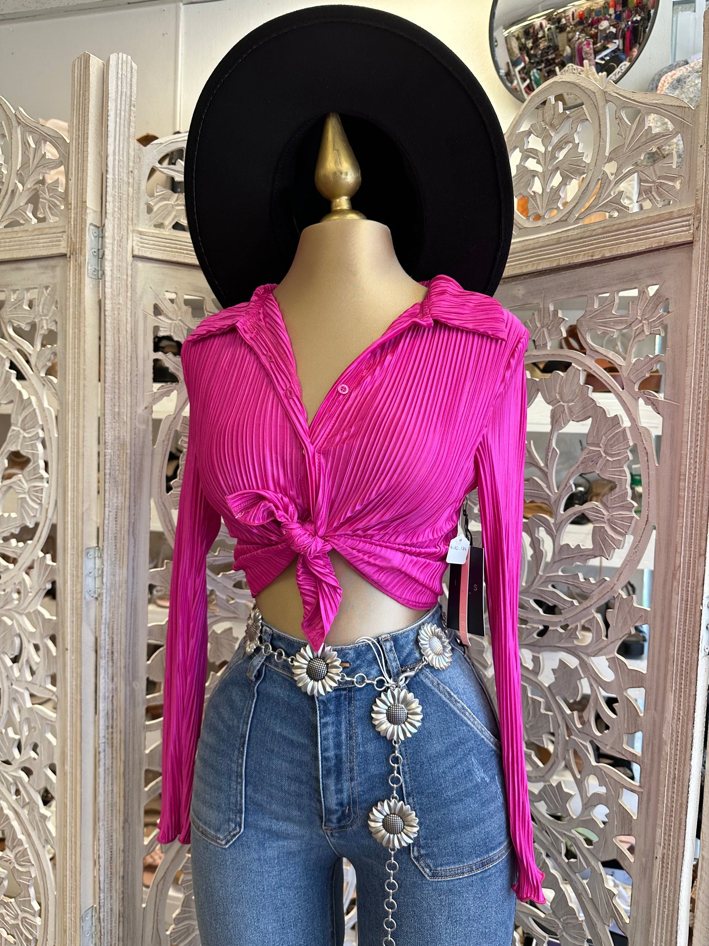 Pink Pleated Button Blouse