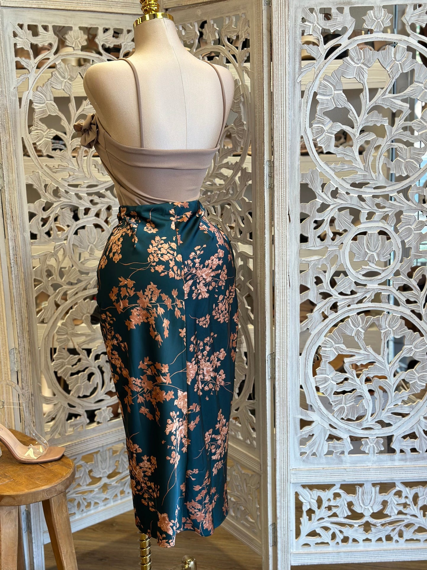 Knotted Wrapped Floral Satin Skirt- Slightly Stretchy