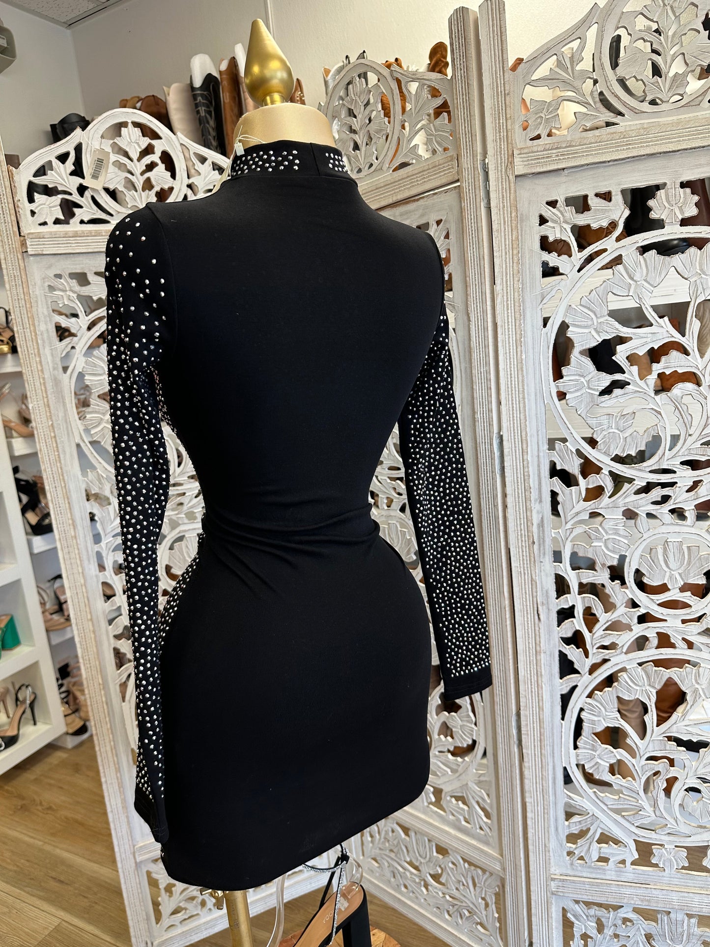 Black Rhinestone Mock Neck Mini Dress