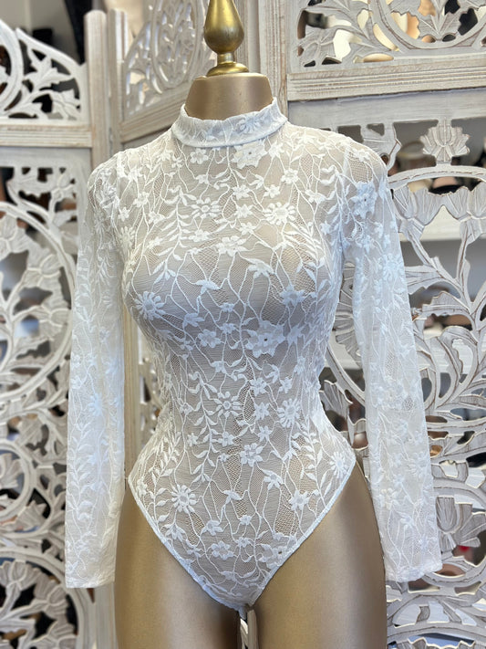 White Floral Lace Mock Neck Bodysuit- Stretchy