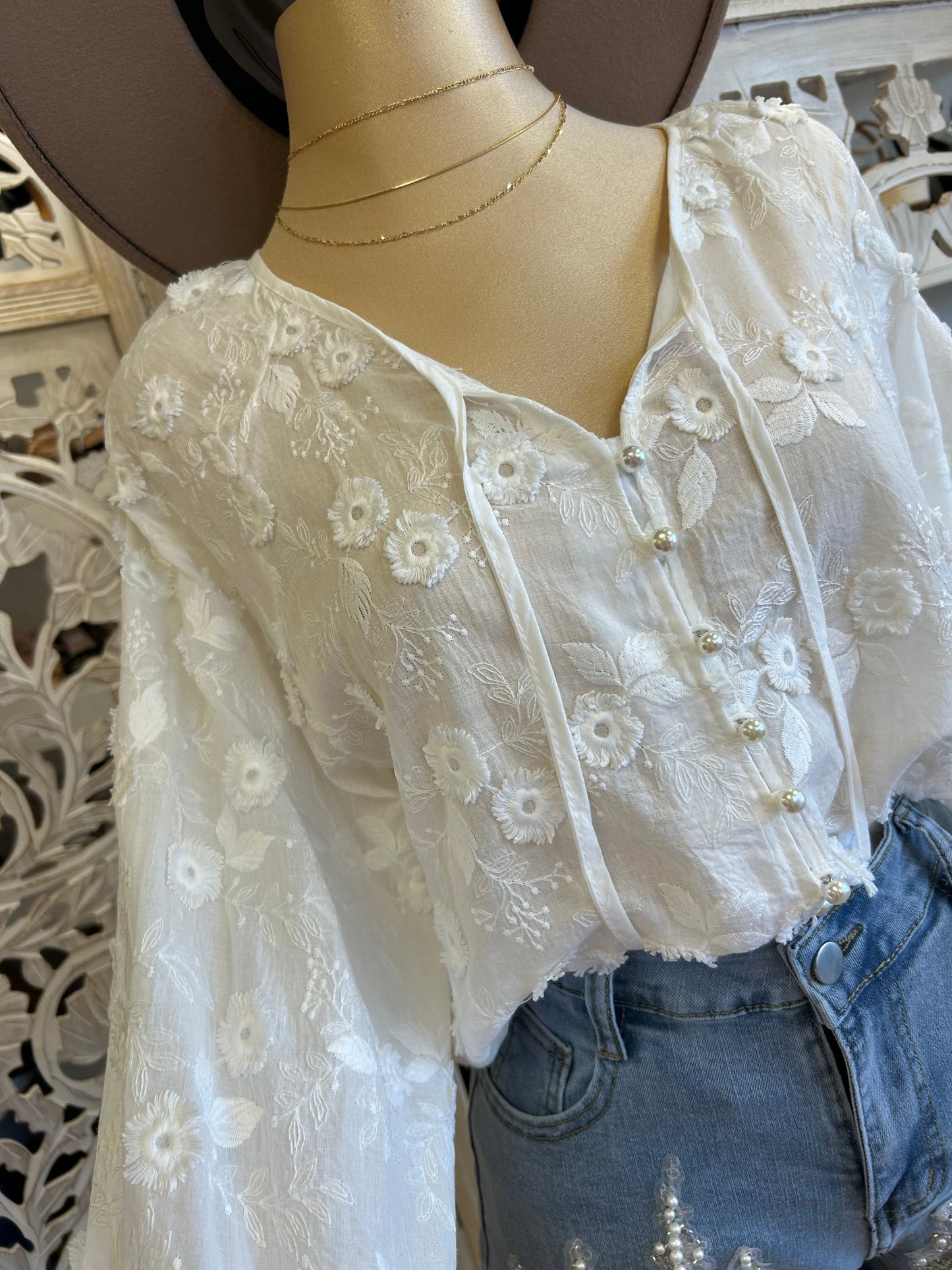 White Flower Embroidered Pearl Button Blouse- One Size