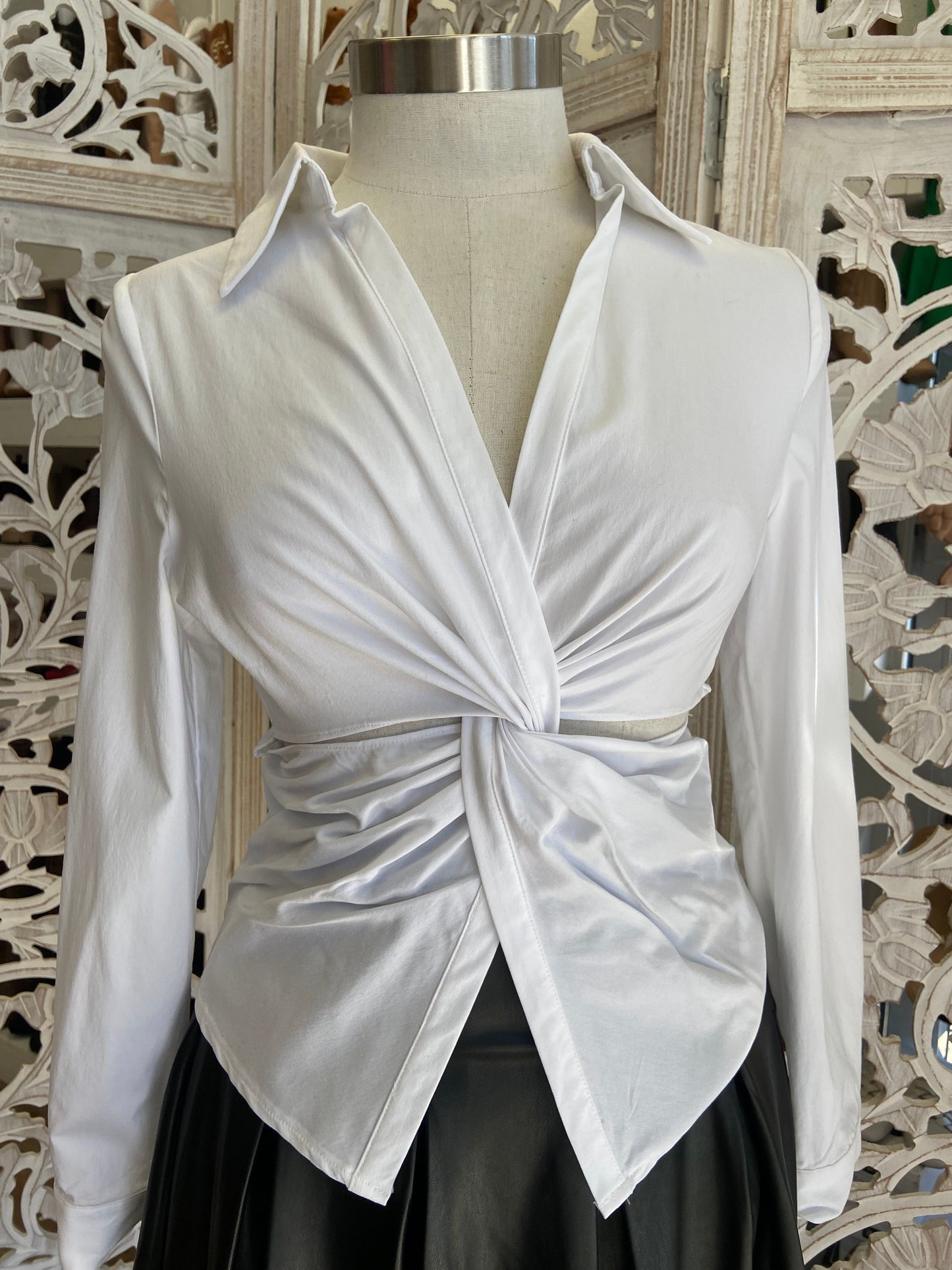 White Knotted Cutout Button Blouse