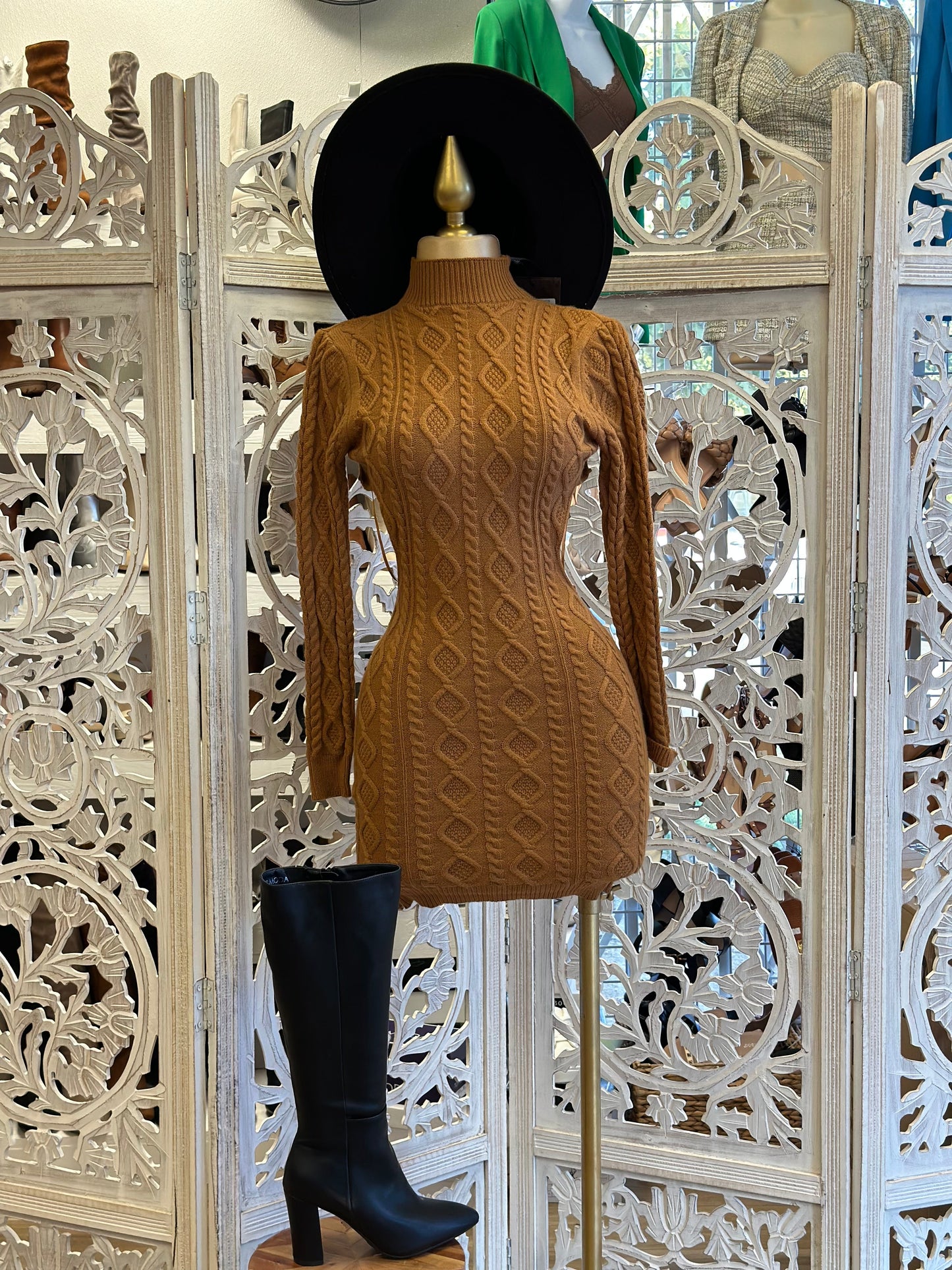 Brown Turtleneck Knit Dress