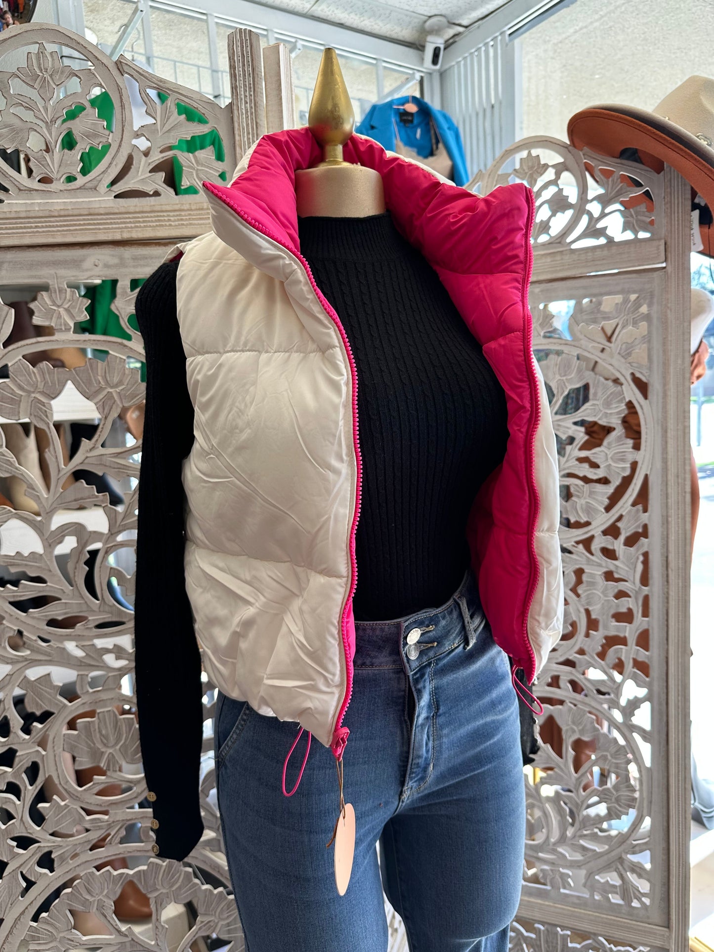 Double Color Hot Pink and White Cropped Puffer Vest