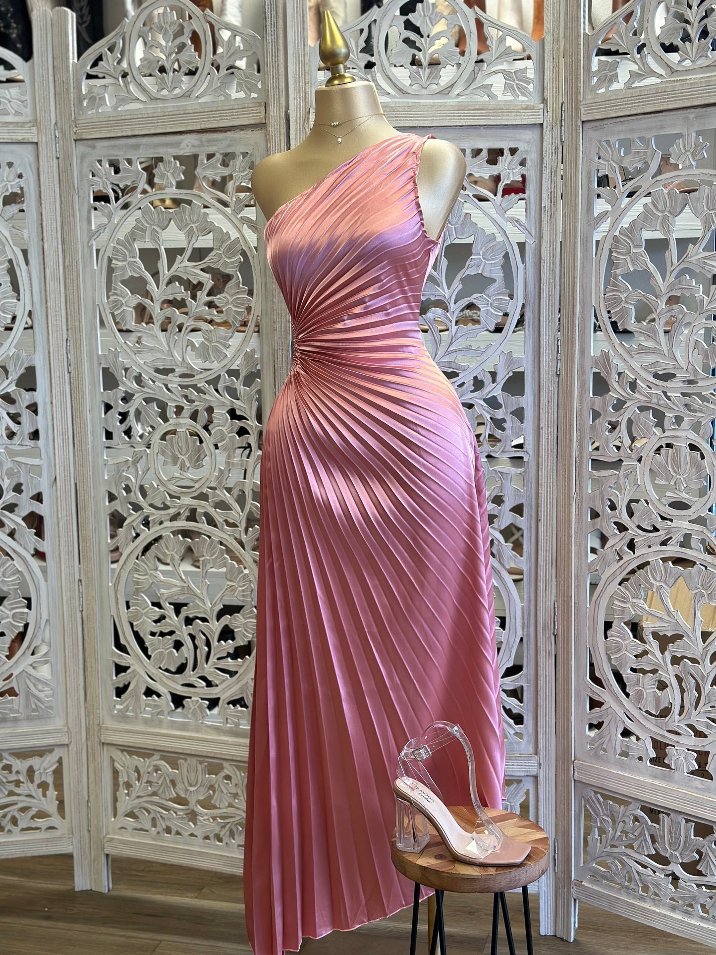 Pink Pleated Cutout Dress- Slightly Stretchy