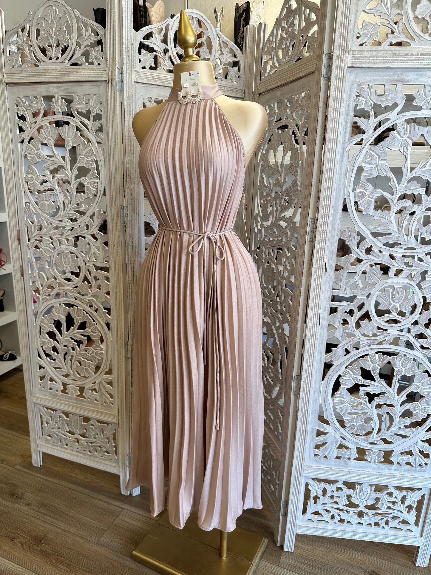 Mock Neck Pleated Beige Dress- Stretchy