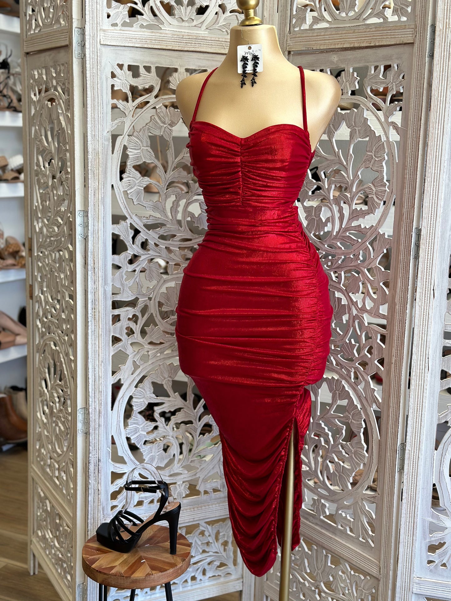 Red Ruched Midi Tie Back Dress