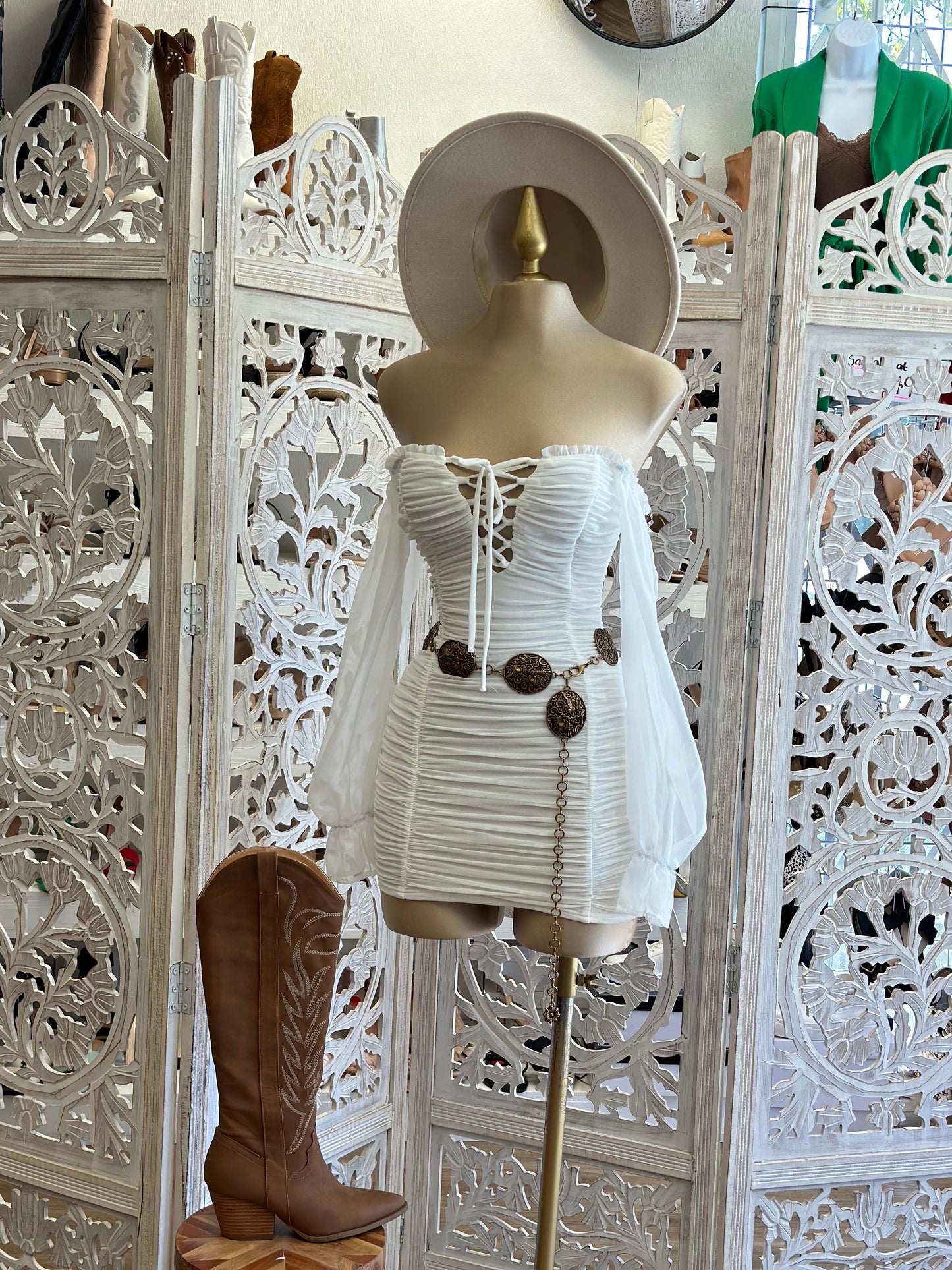 White Tie Up Boho Sleeve Mini Dress