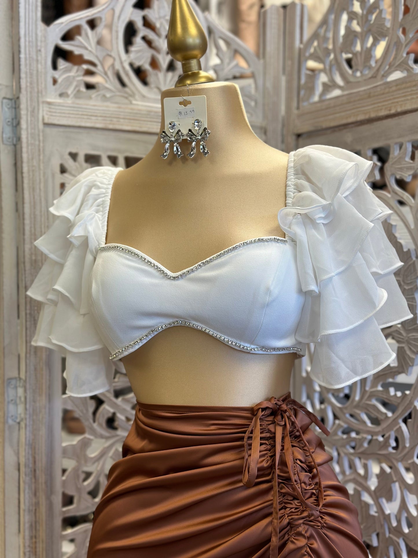 White Ruched Sleeve Rhinestone Crop