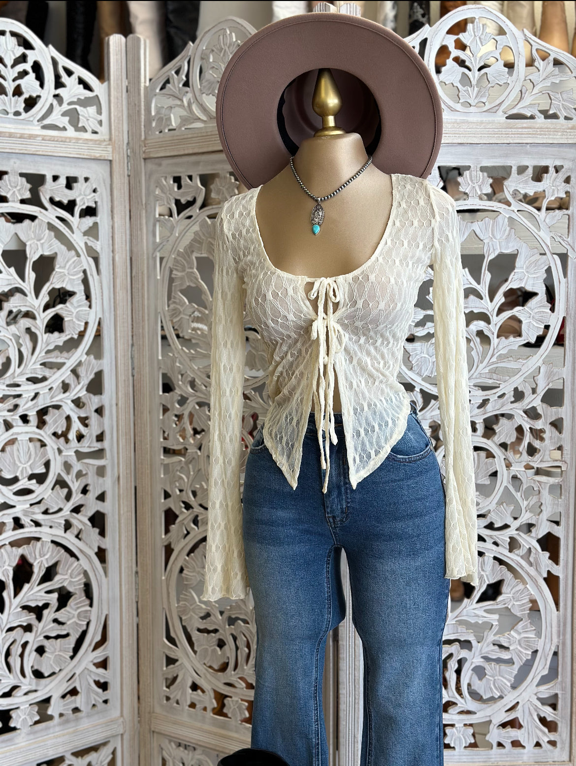 Cream Tie Front Textured Top- Stretchy