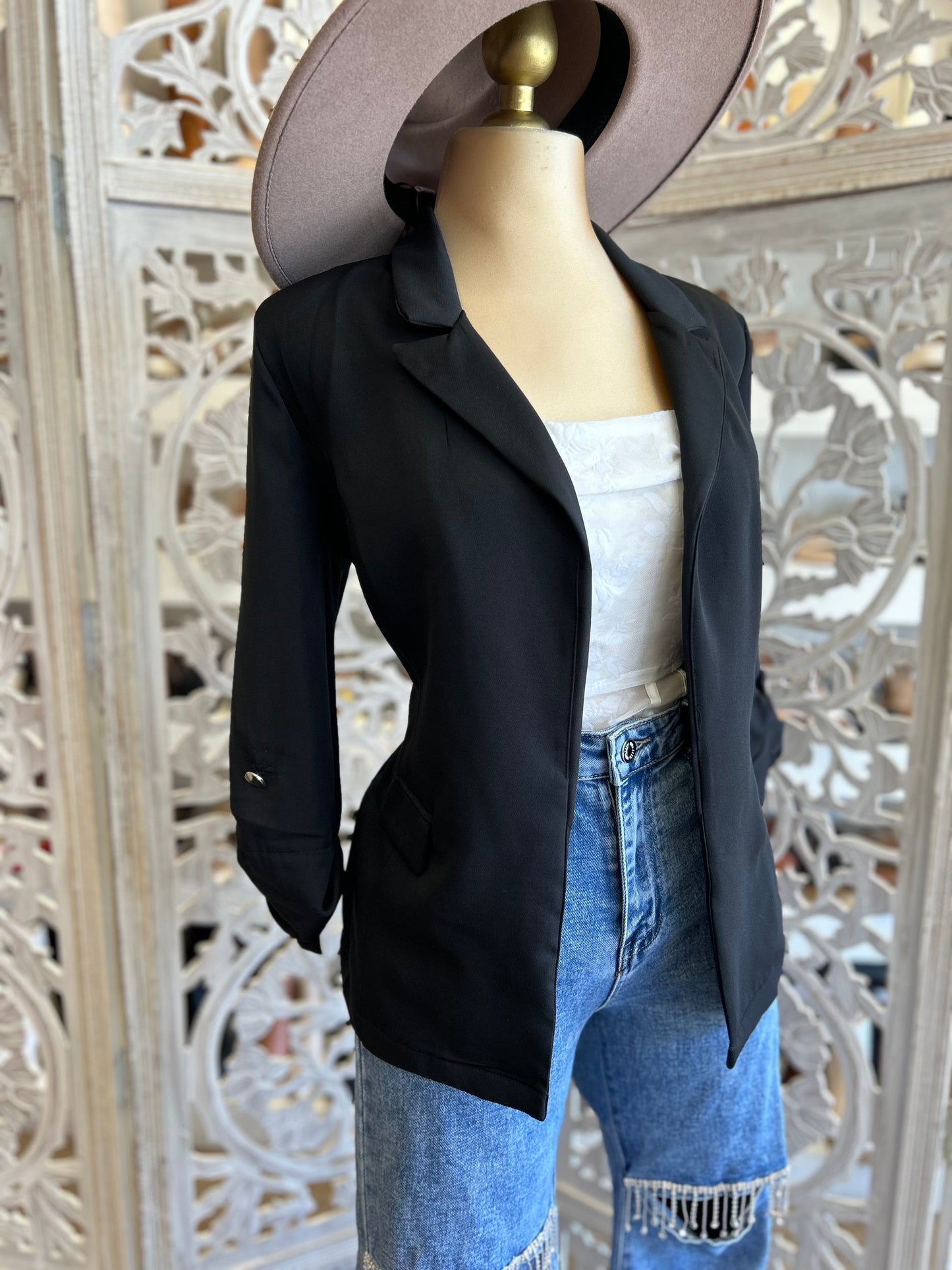 Black Button Sleeve Blazer- Slightly Stretchy