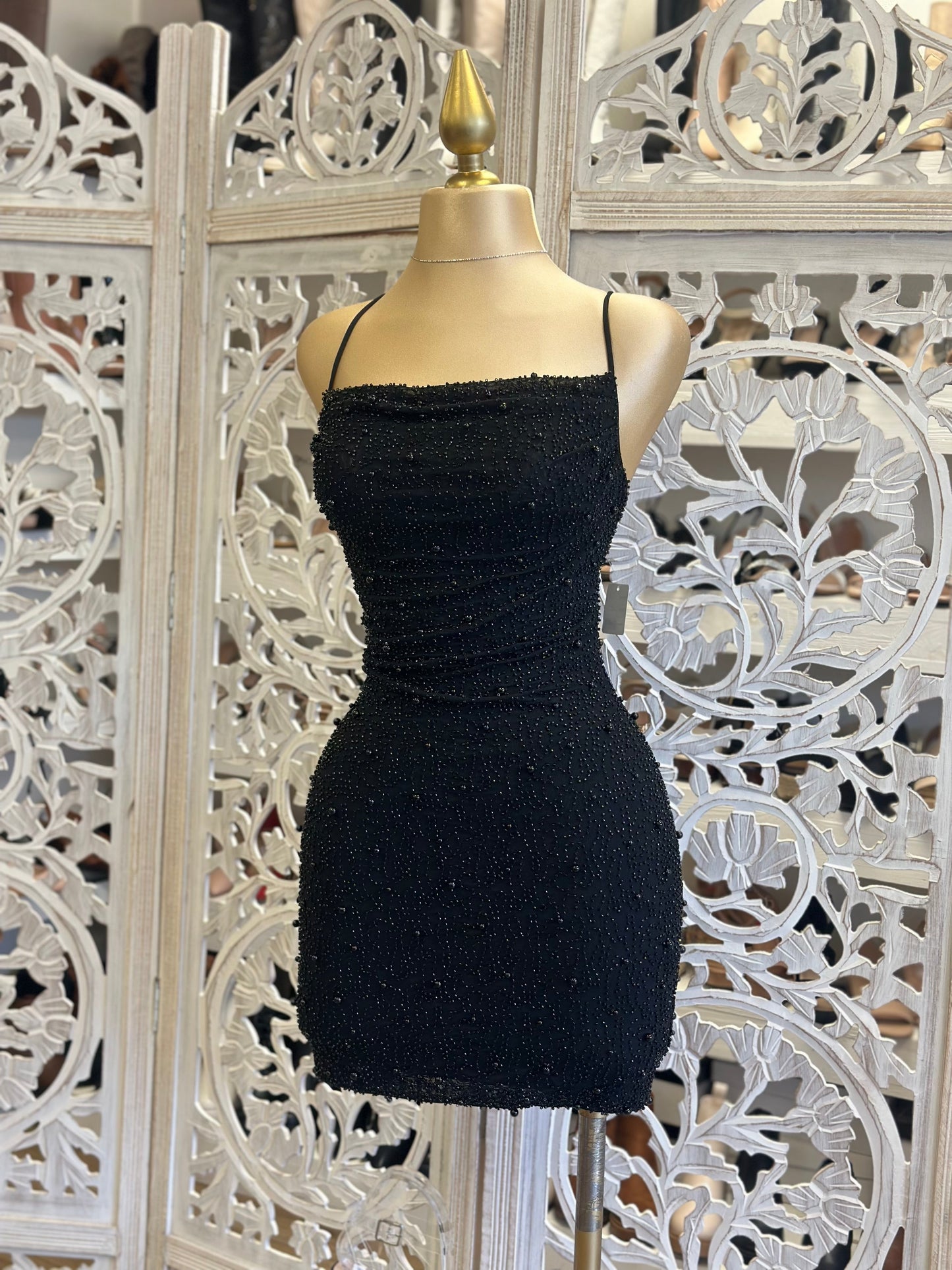 Black Embellished Crossback Mini Dress- Stretchy