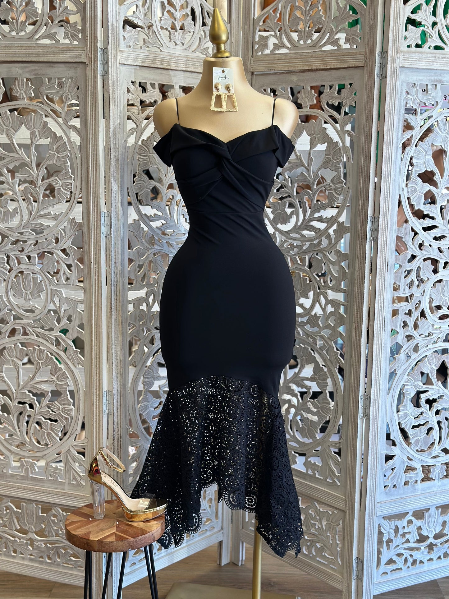 Off Shoulder Black Lace Bottom Dress