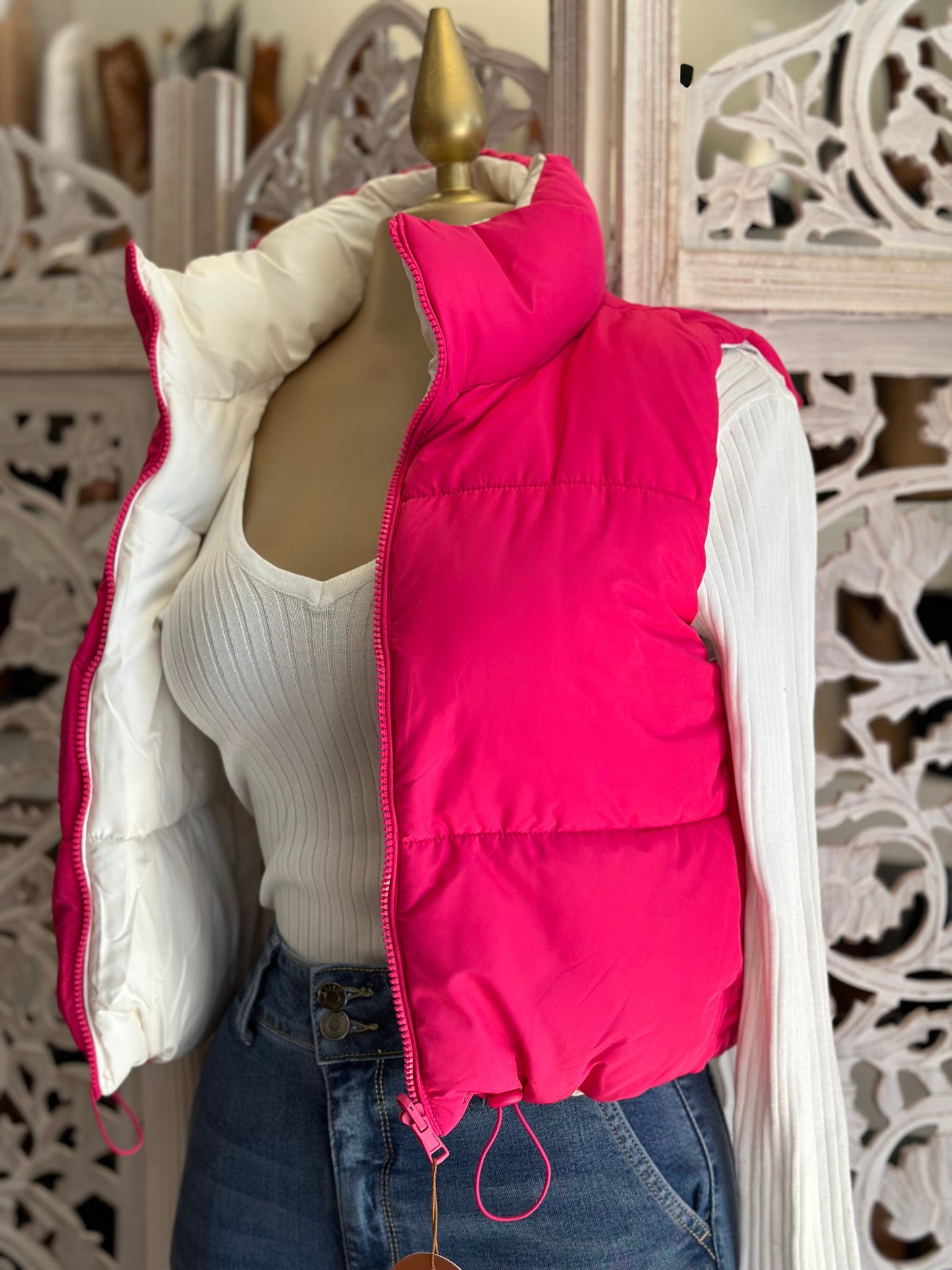 Double Color Hot Pink and White Cropped Puffer Vest