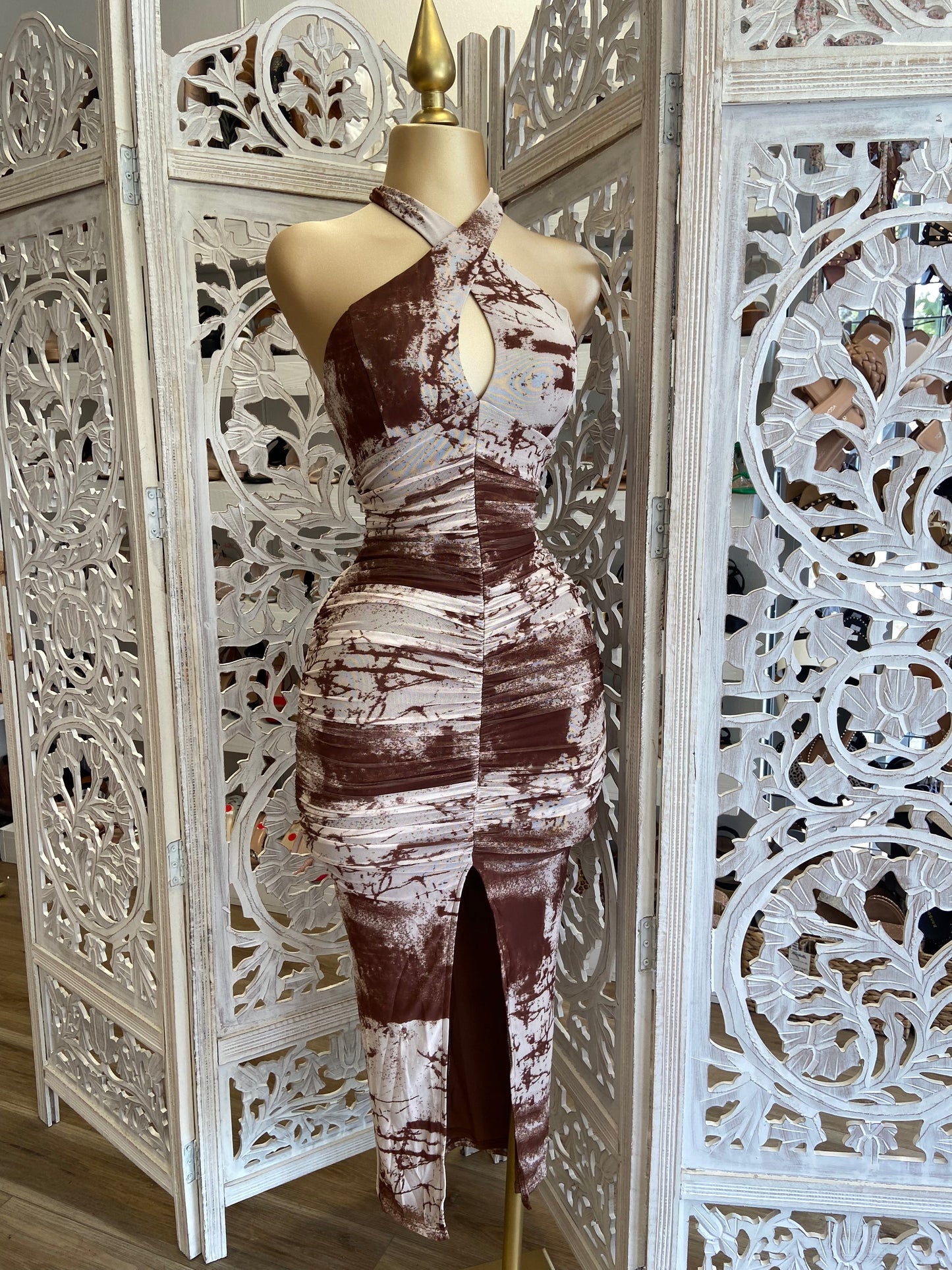 Brown Print Crossed Dress