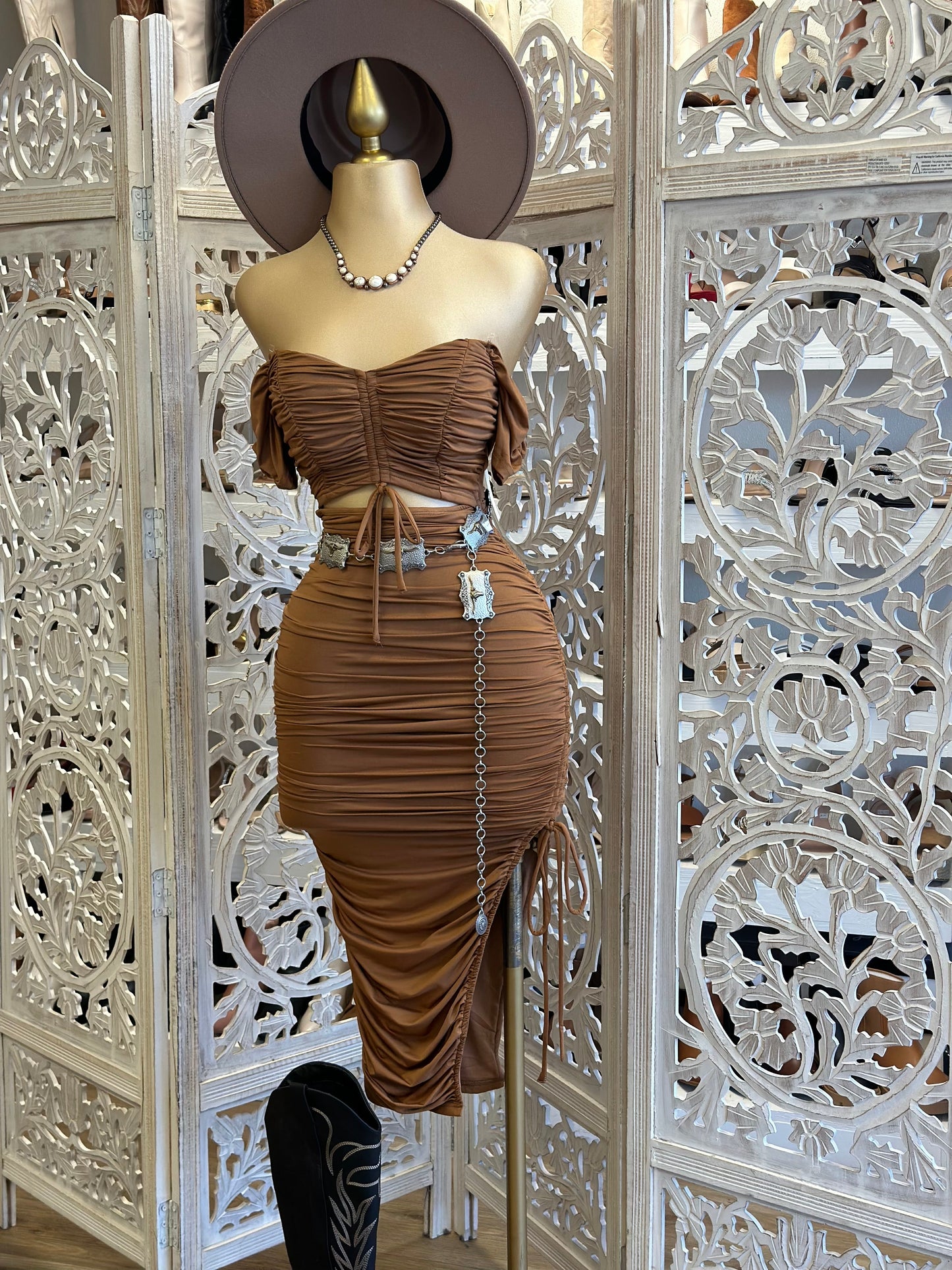 Brown Ruched Cutout Dress- Stretchy