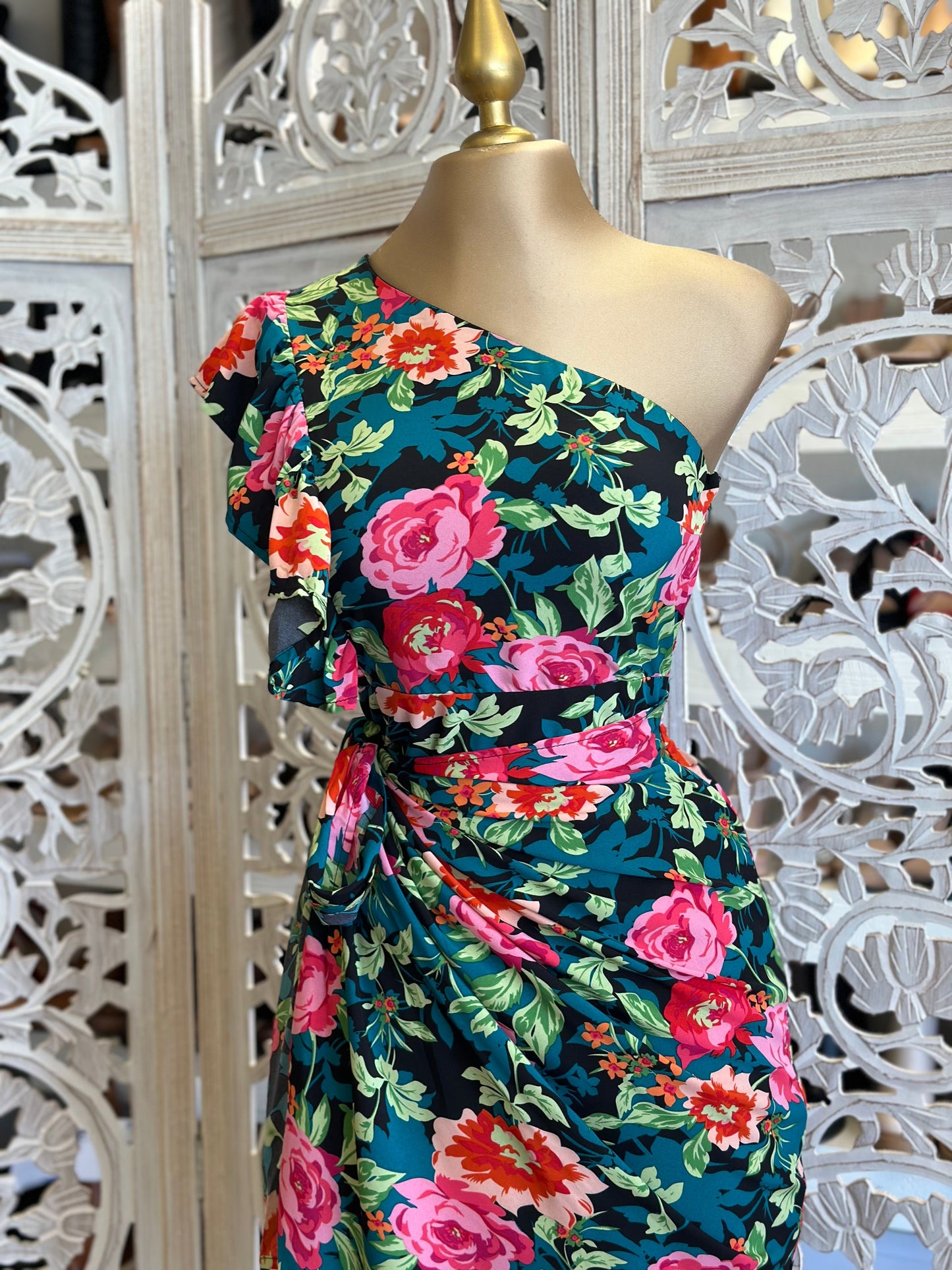 Wrapped Floral One Sleeve Multicolor Dress- Not Stretchy