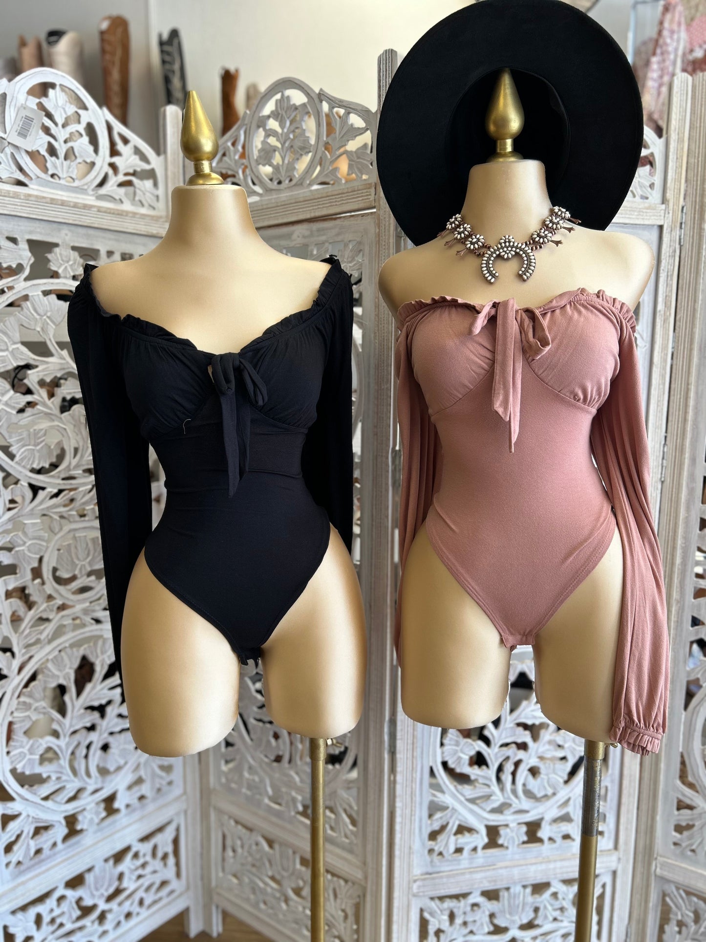 Tie Front Off Shoulder Bodysuit- Stretchy