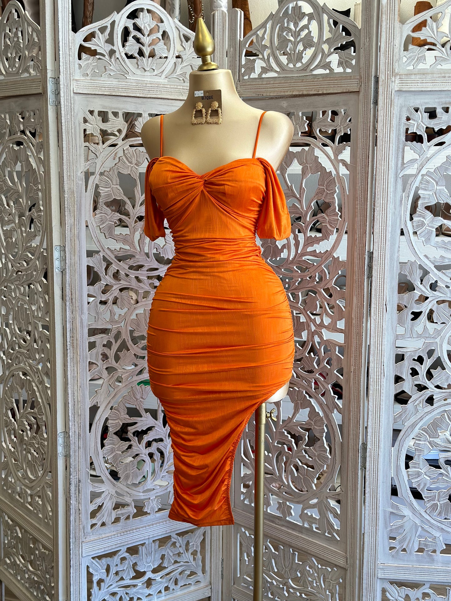 Orange Ruched Slit Cutout Dress