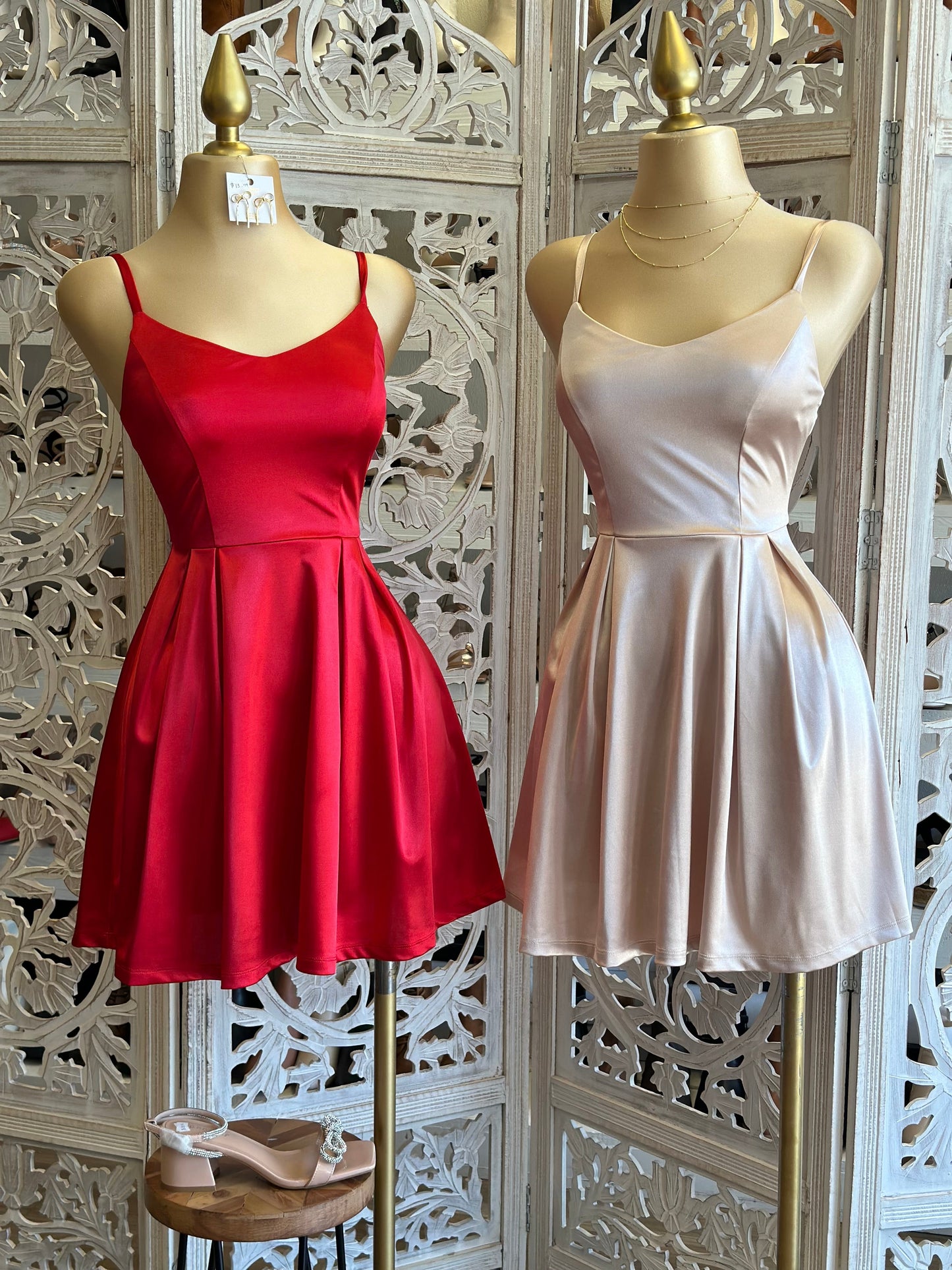 Satin Strappy Fit and Flare Dress-Stretchy