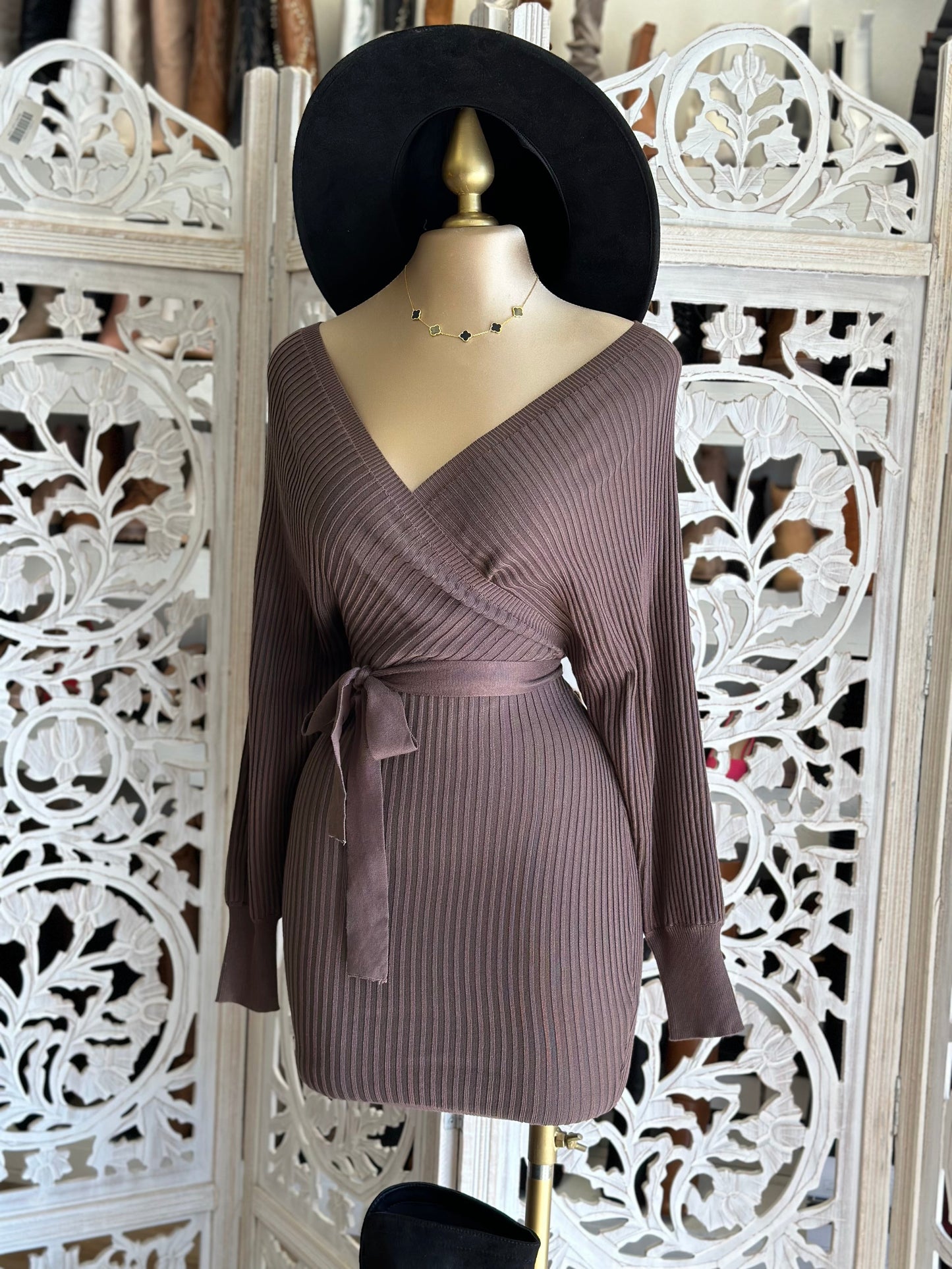 Coco Brown Wrapped Sweater Dress with Belt