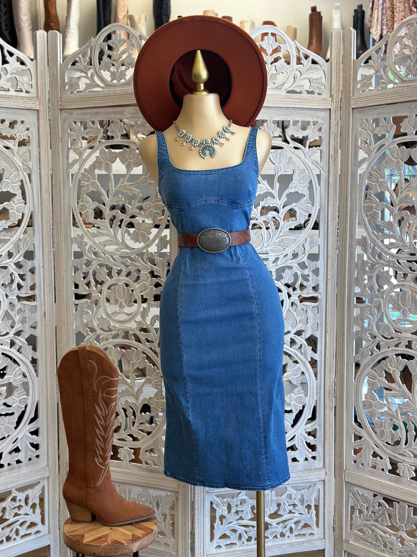 Denim Square Neck Midi Dress- Slightly Stretchy