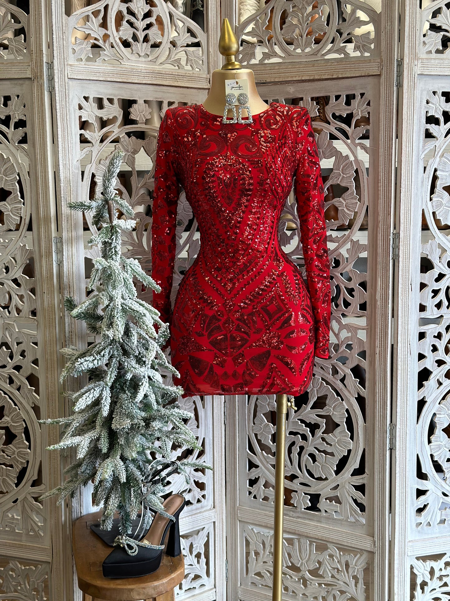 Red Sequin Pattern Mini Dress