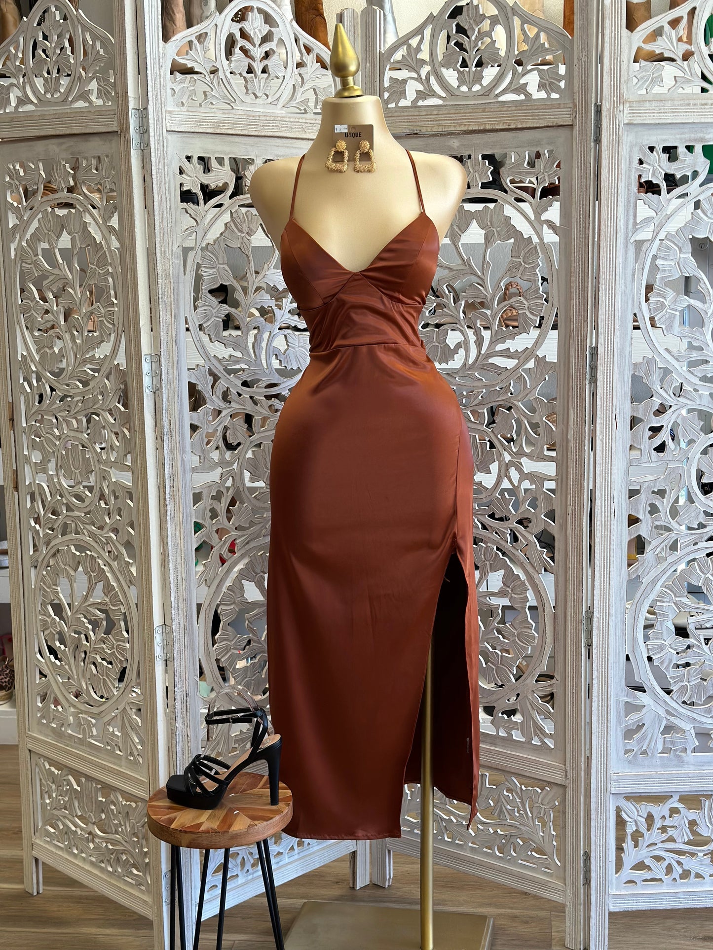 Coffee Brown Satin Tie Back Dress