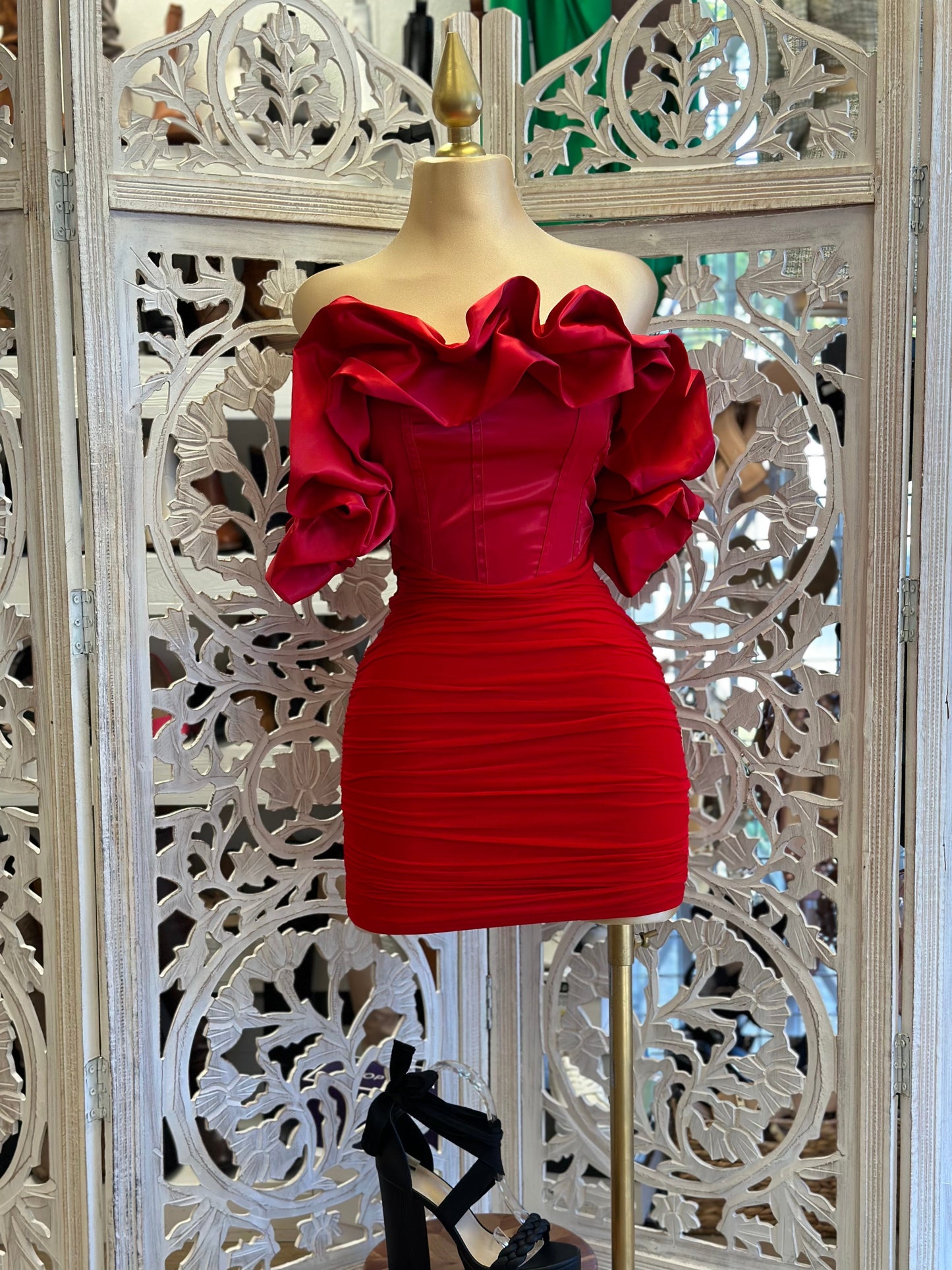 Red Satin Corset Puff Dress