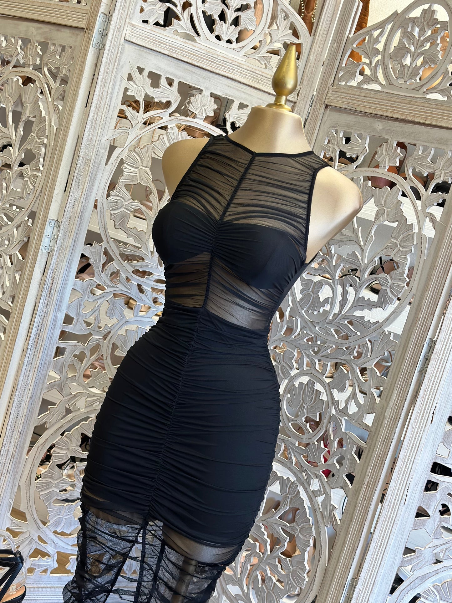 Mesh Rushed Midi Black Dress