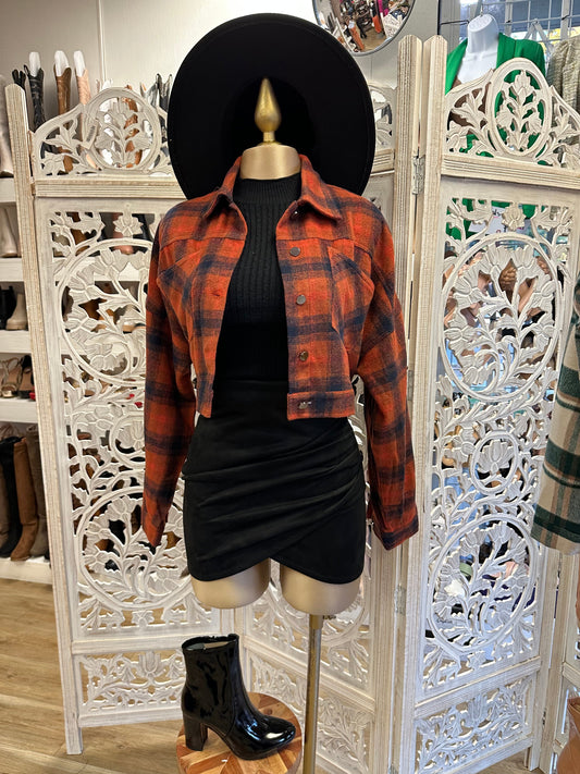 Cognac Cropped Plaid Jacket