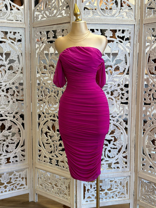 Magenta Off Shoulder Midi Ruched Dress- Stretchy