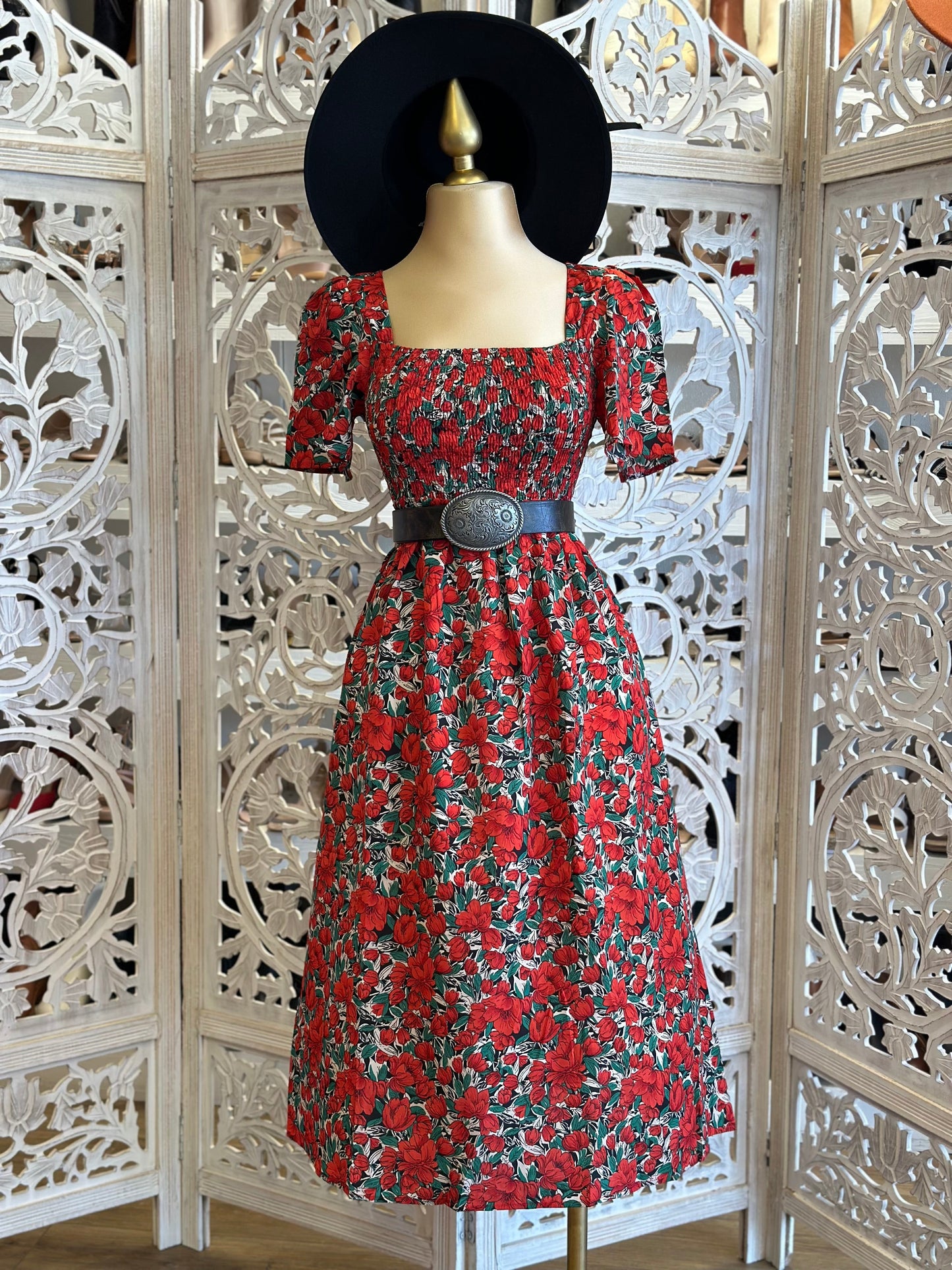 Red Floral Square Neck Dress- Stretchy