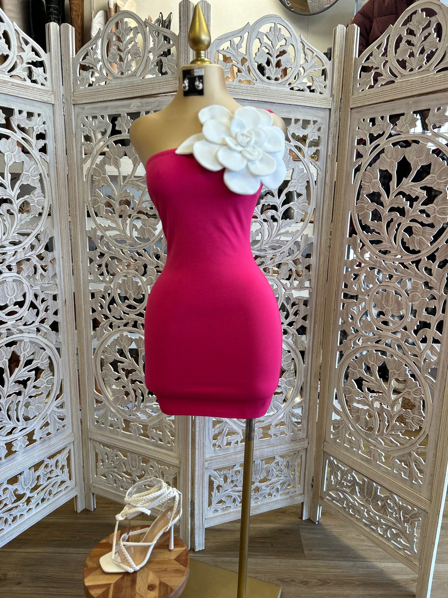 Enlarged Flower Pink Mini Dress- Stretchy