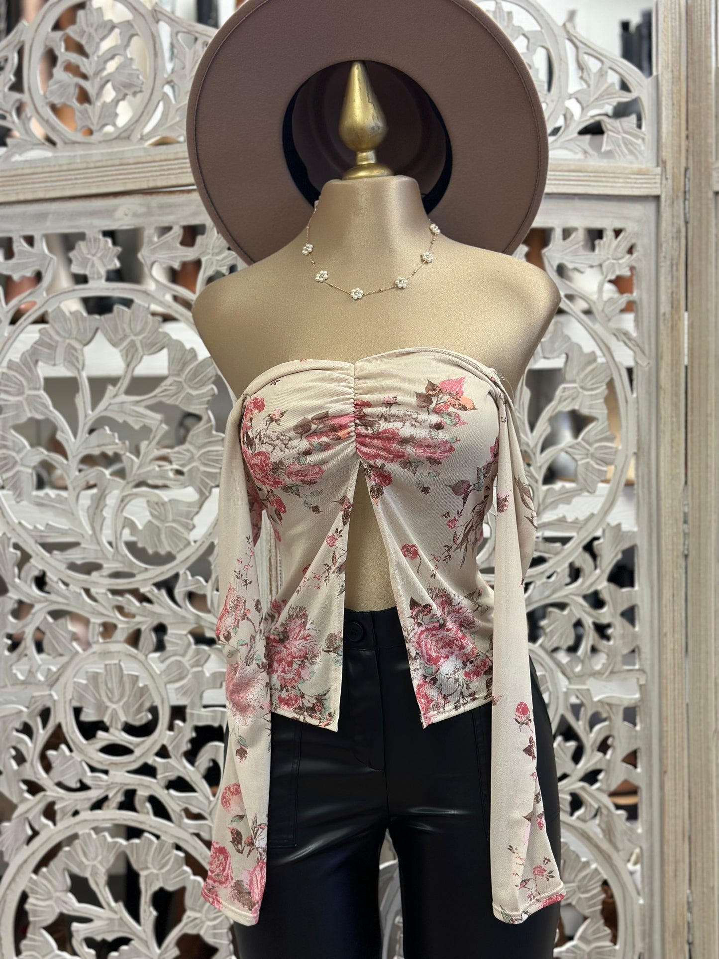 Floral Ribbon Split Blouse