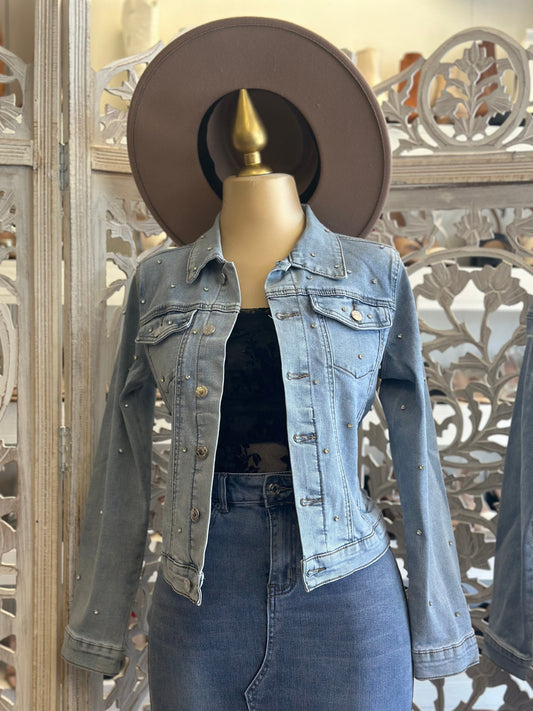 Rhinestone Detail Denim Jacket- Stretchy