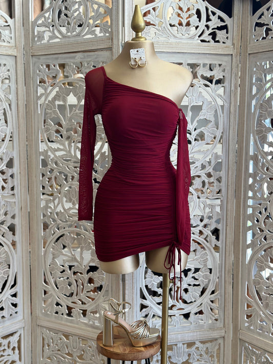 Burgundy Asymmetrical Ruched Mini Dress-Stretchy