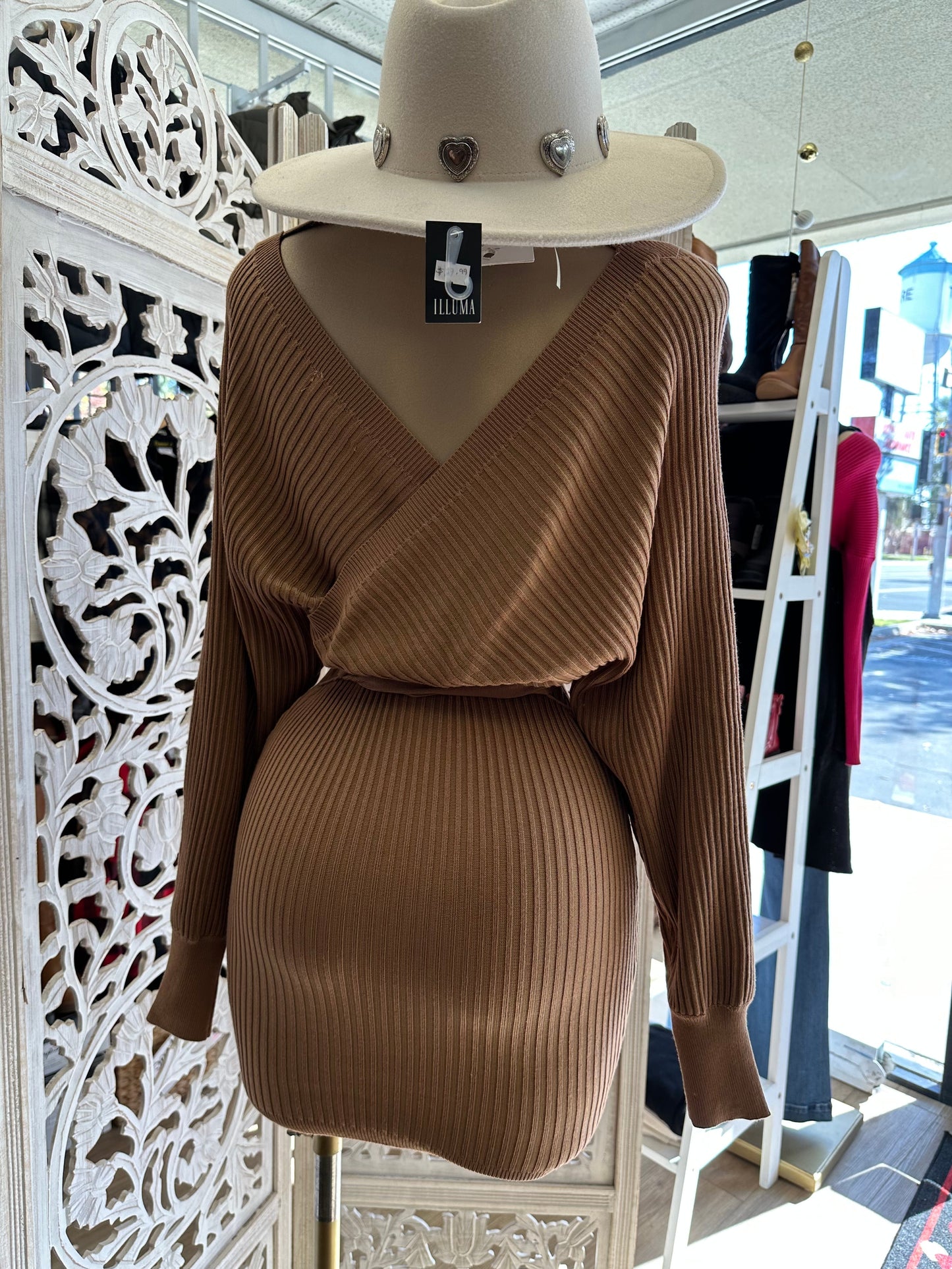 Camel Brown Wrapped Sweater Dress with Belt