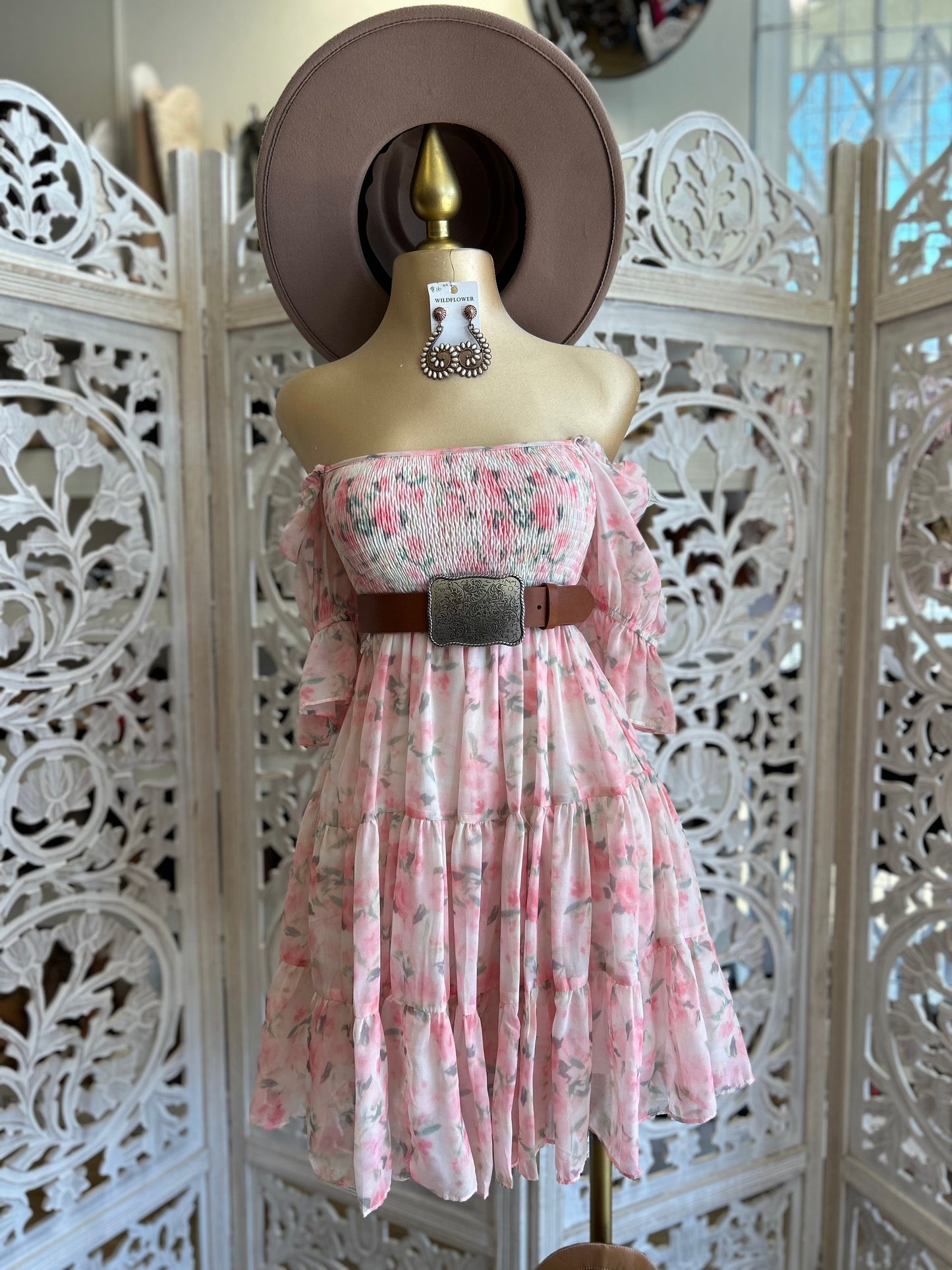 Pink Off Shoulder Floral Smocked Dress- Stretchy