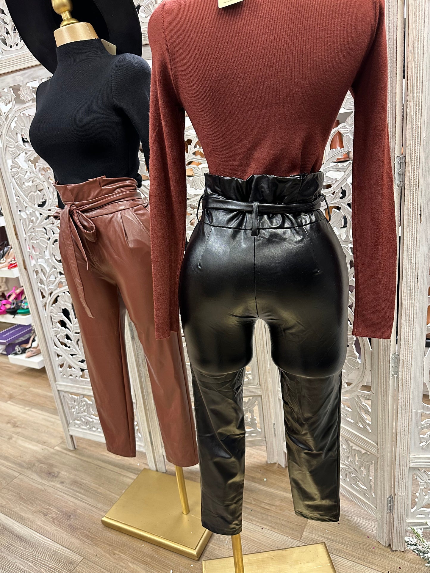 Bow Faux Leather Flare Pants