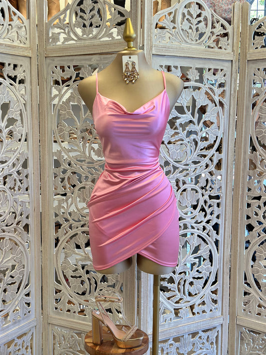 Draped Satin Pink Mini Dress