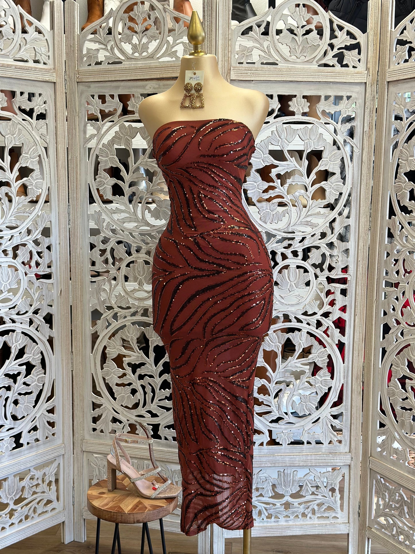 Strapless Sequin Pattern Midi Dress