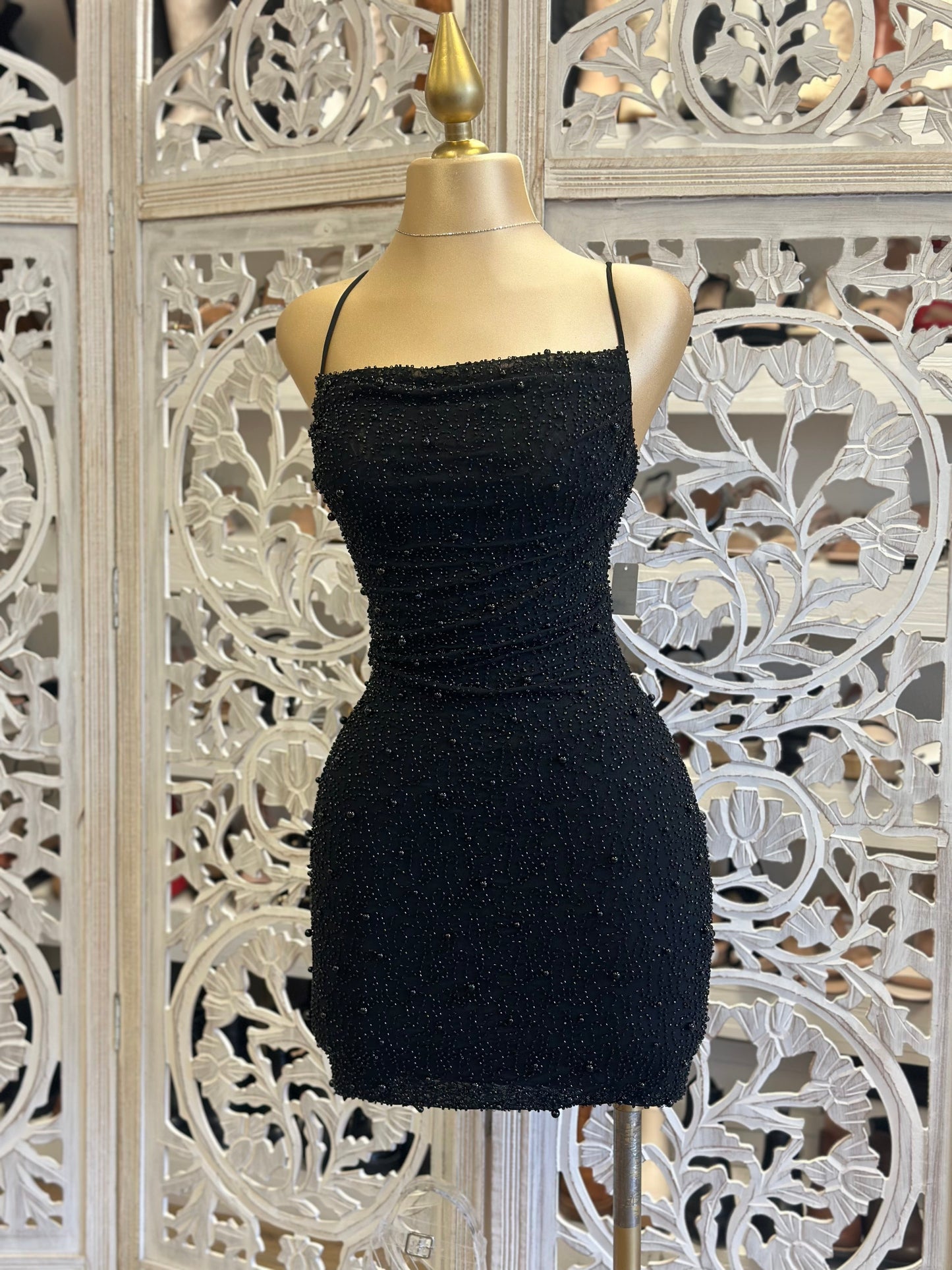 Black Embellished Crossback Mini Dress- Stretchy