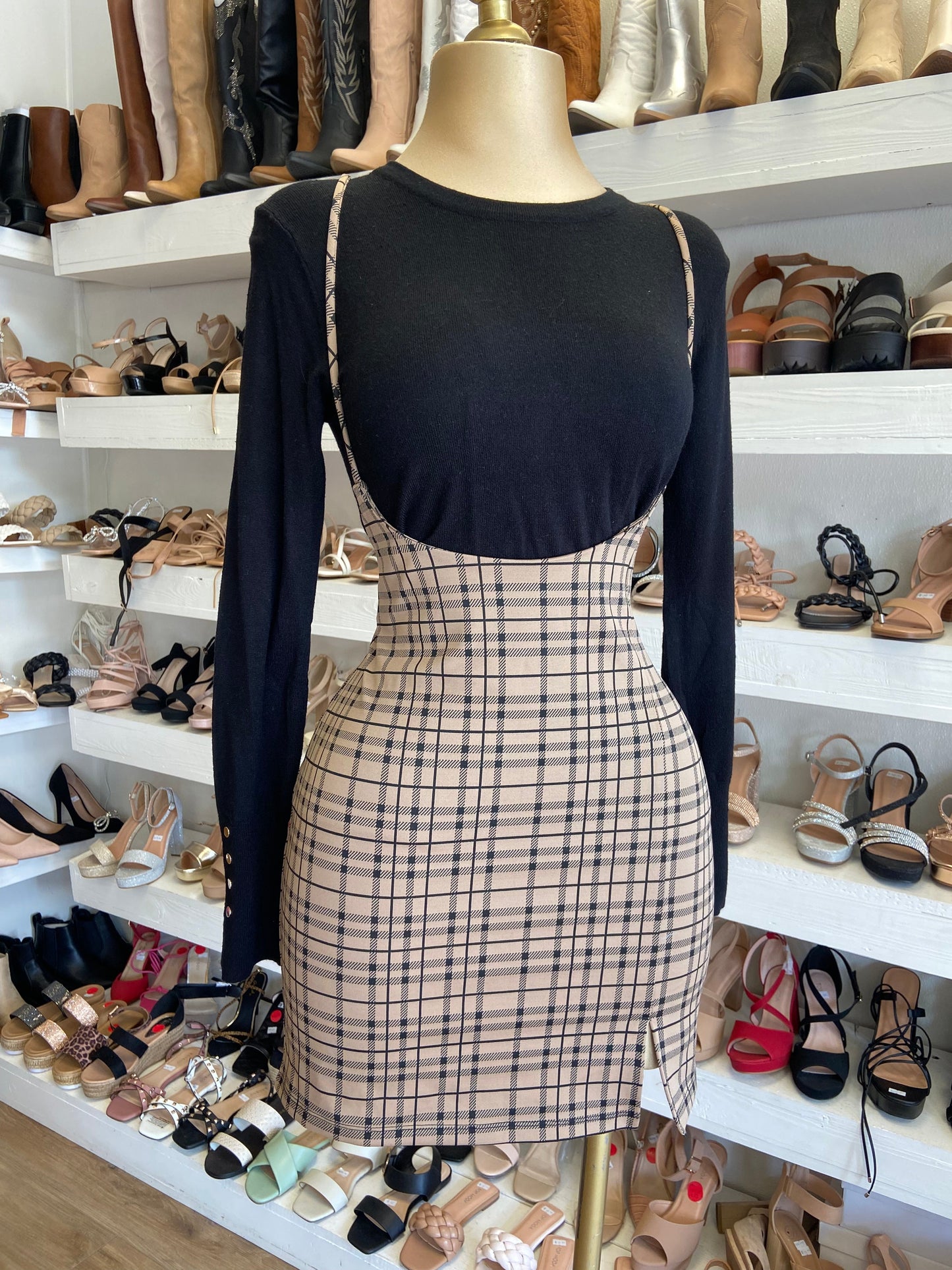 Camel Plaid Overall Skirt