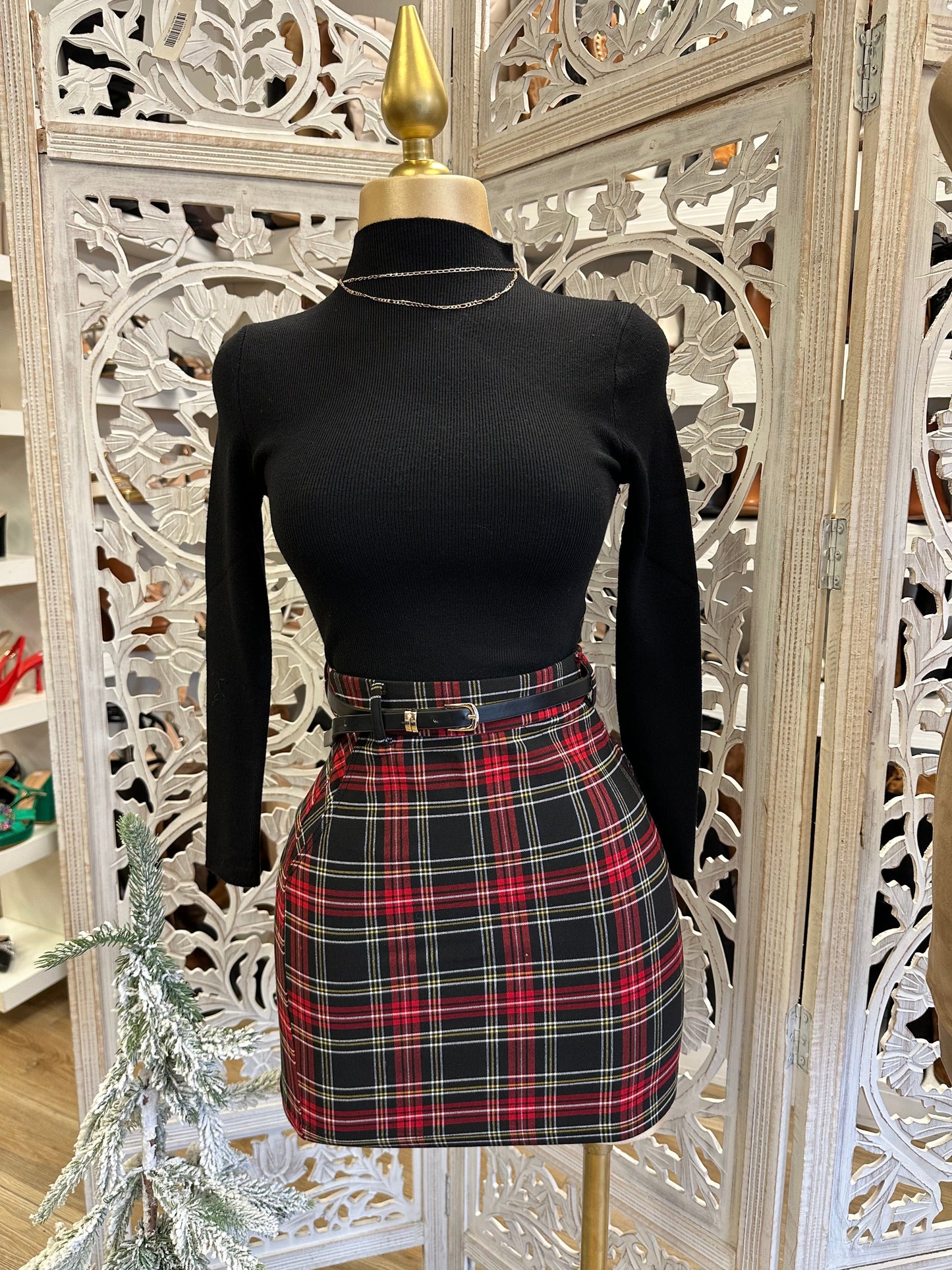 Red plaid Mini Skirt with Belt