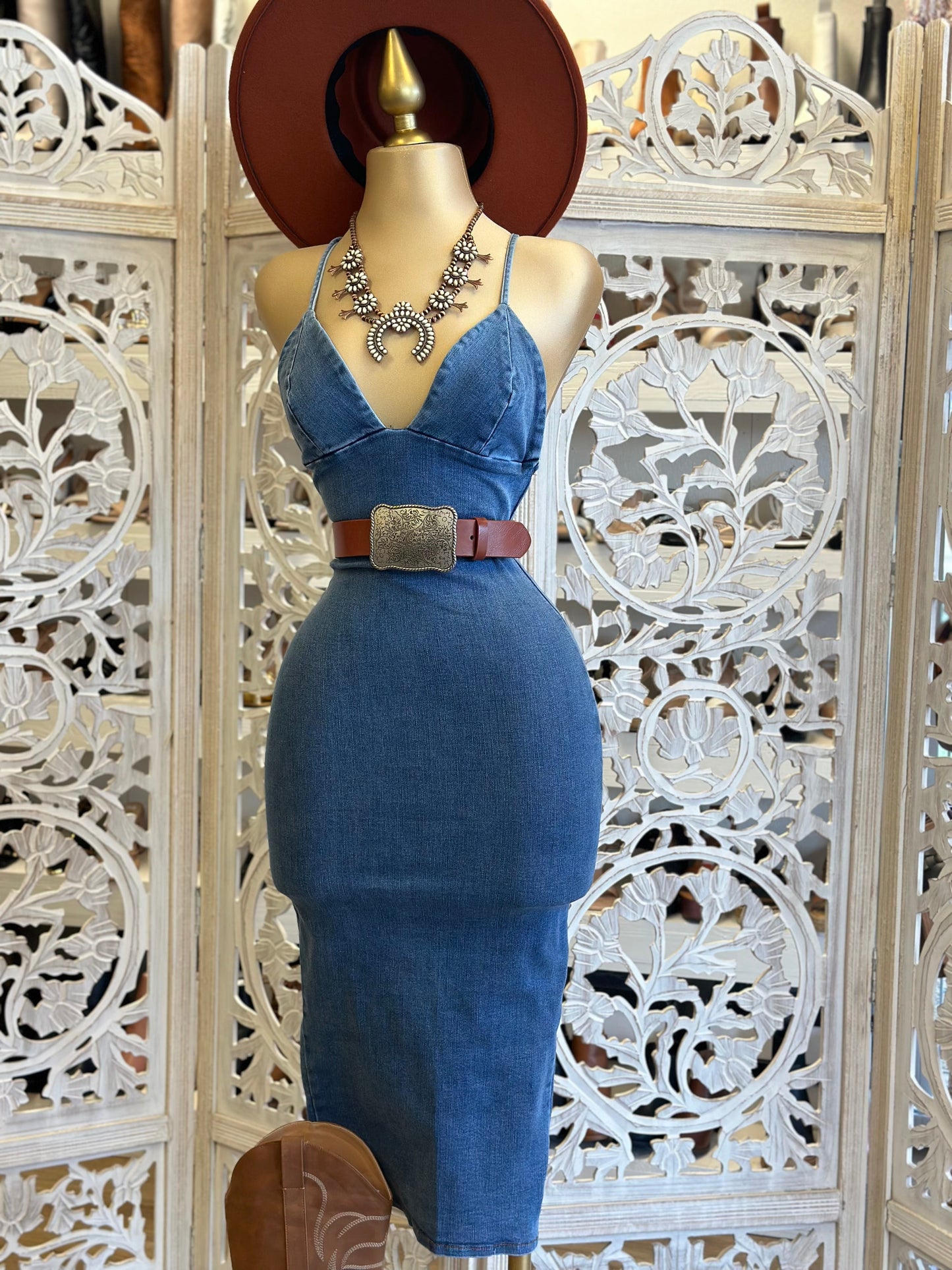 Denim Heart Cross Back Dress- Stretchy